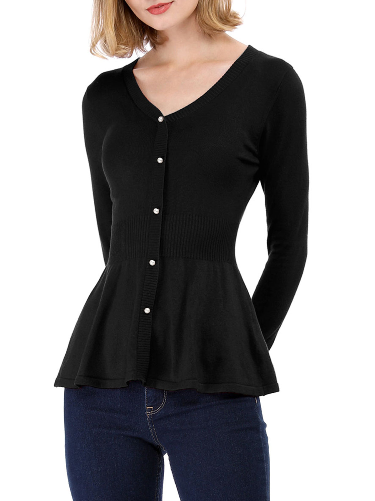 Women's Peplum Sweater V Neck Long Sleeve Knit Cinched Waist tops