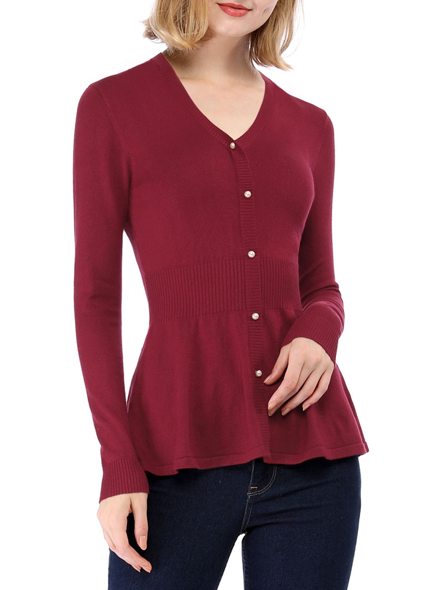 Women's Peplum Sweater V Neck Long Sleeve Knit Cinched Waist tops
