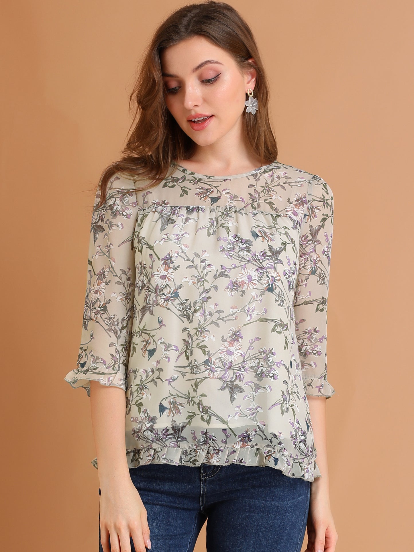 Women's Casual Ruffle 3/4 Sleeve Floral Print Chiffon Blouse (Available in Plus Size)