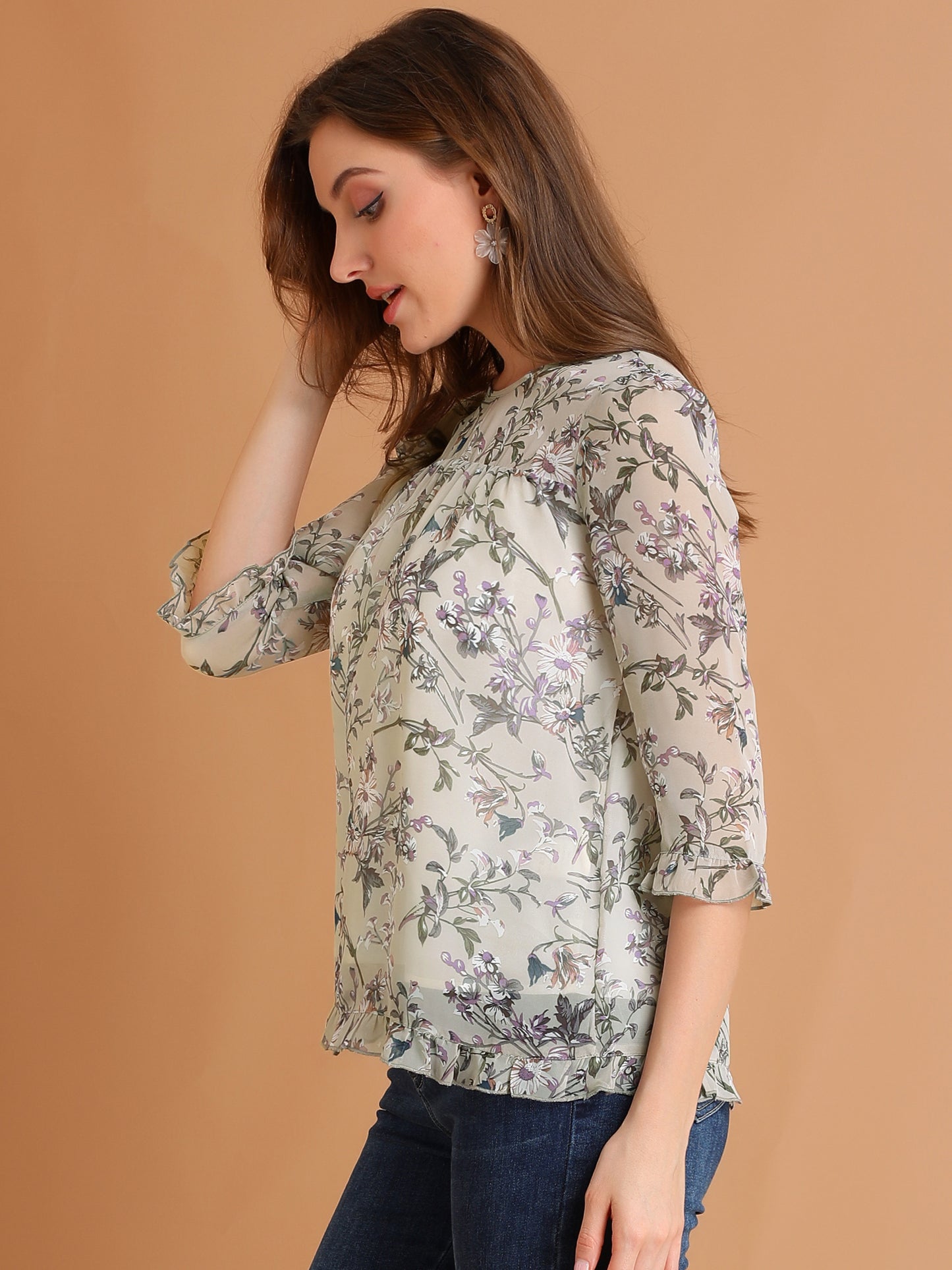 Women's Casual Ruffle 3/4 Sleeve Floral Print Chiffon Blouse (Available in Plus Size)