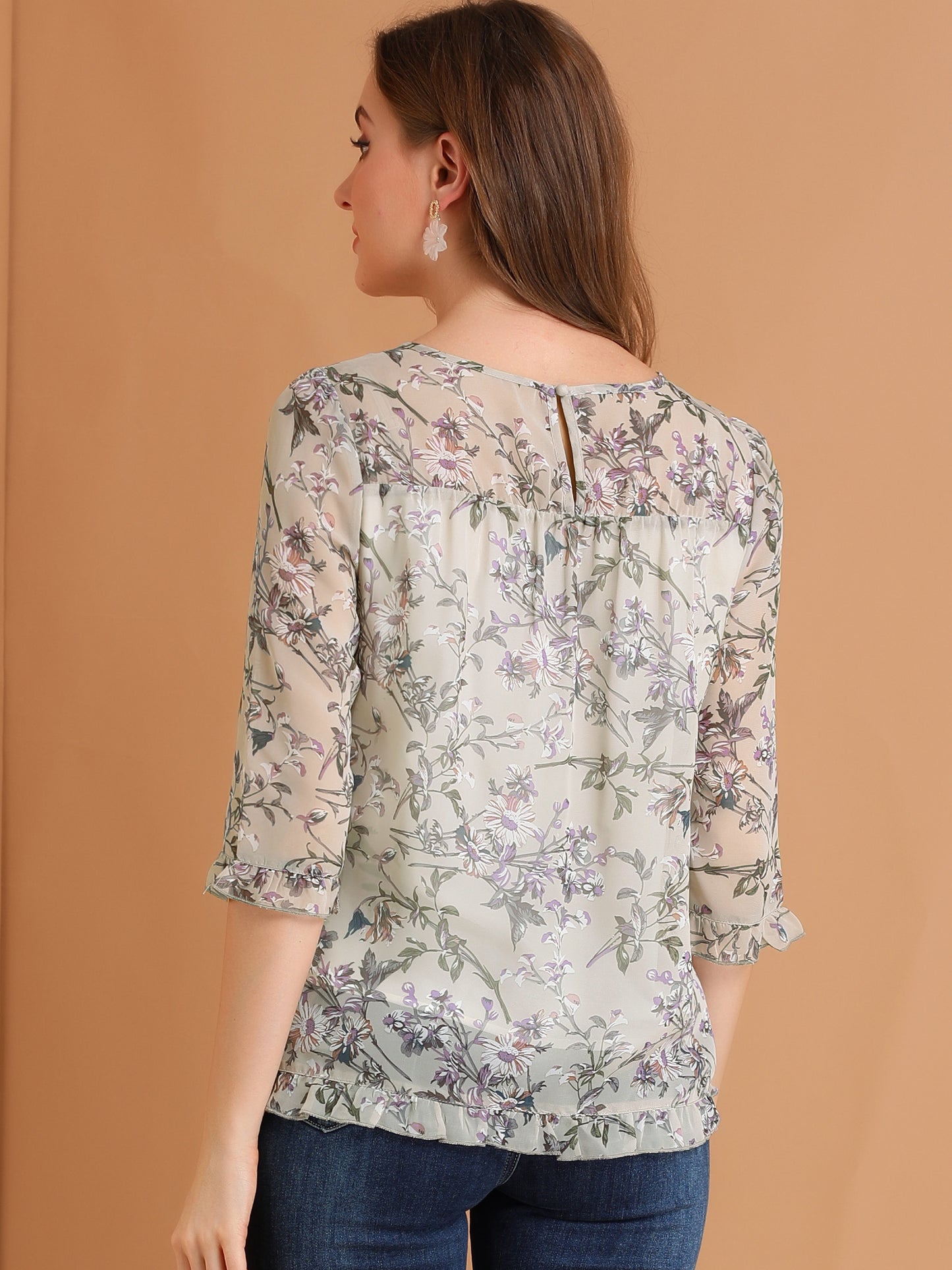 Women's Casual Ruffle 3/4 Sleeve Floral Print Chiffon Blouse (Available in Plus Size)