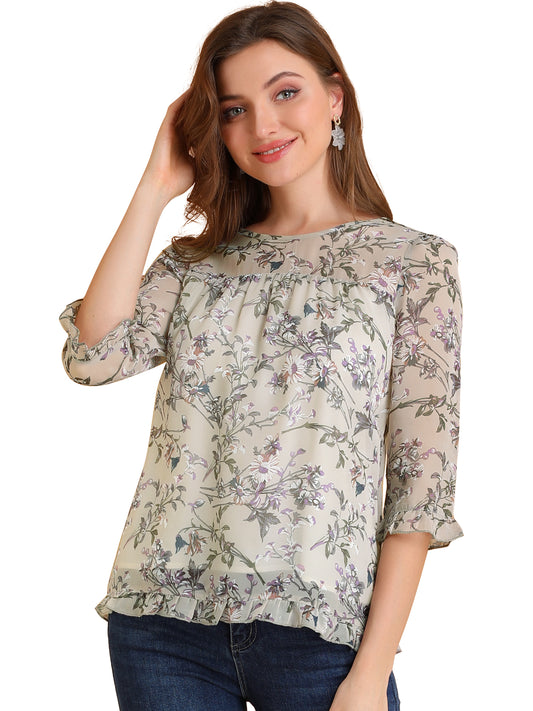 Women's Casual Ruffle 3/4 Sleeve Floral Print Chiffon Blouse (Available in Plus Size)