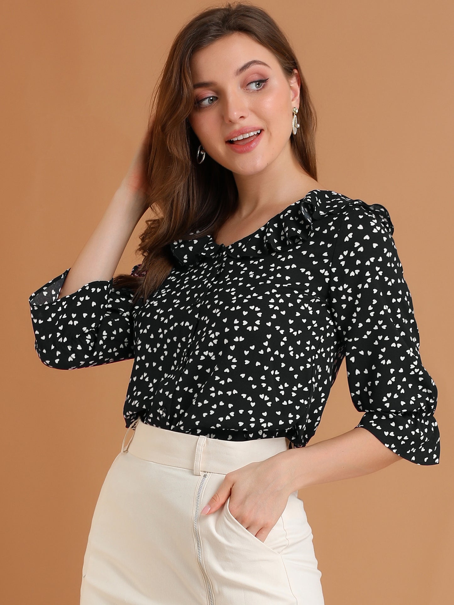 Women's Button Down Ruffled Collar Elbow Sleeve Heart Print Blouse Shirt