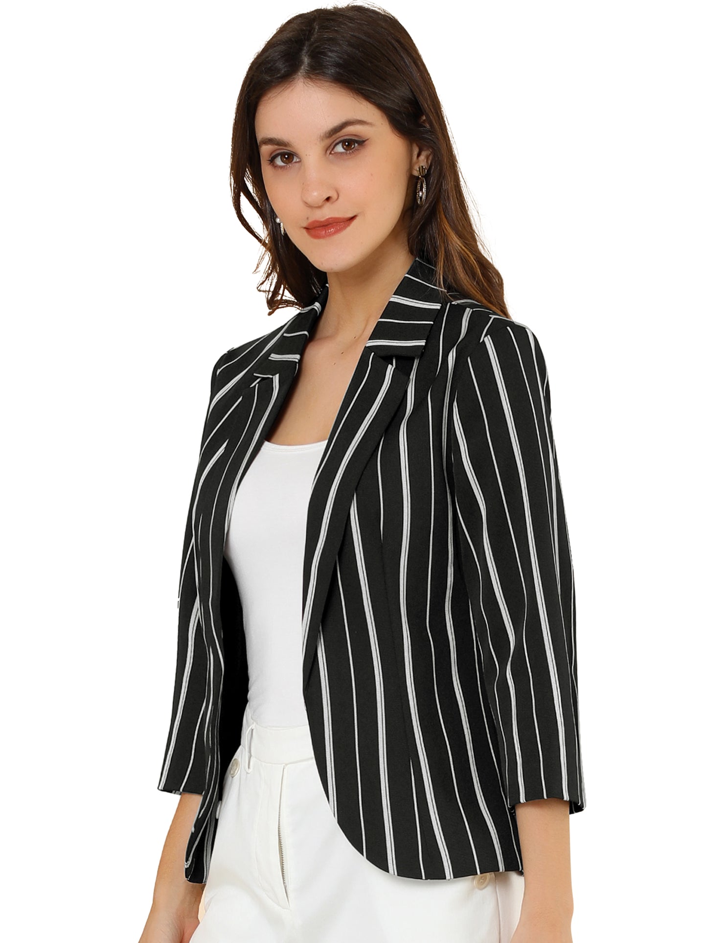 Women's Striped Open Front 3/4 Sleeves Notched Lapel Business Casual Blazer (Available in Plus Size)