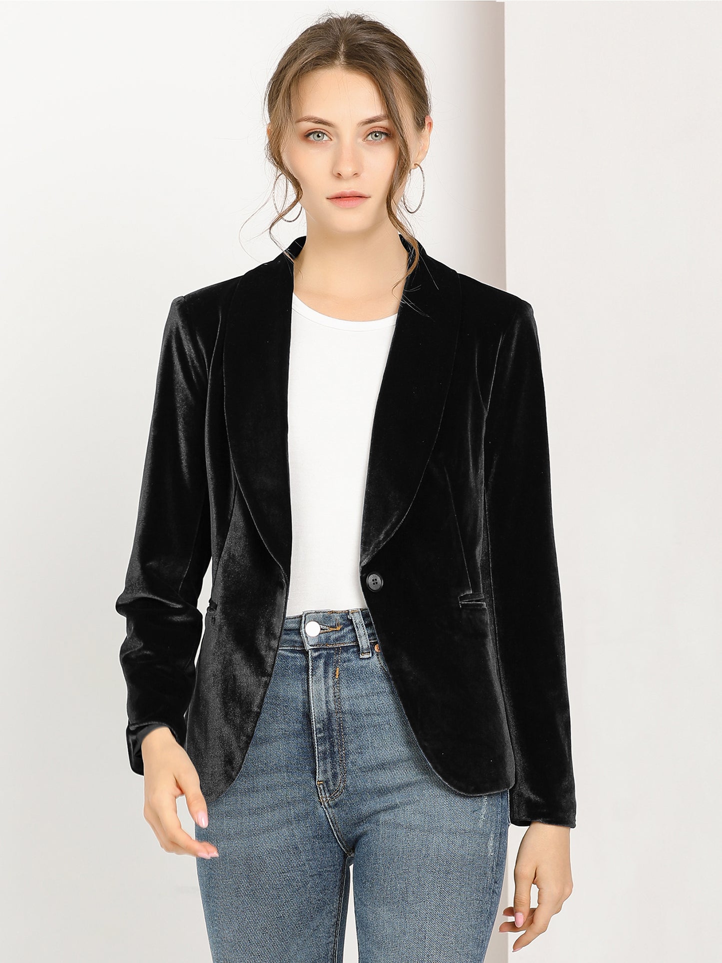 Women's Shawl Collar 1 Button Velvet Blazer (Available in Plus Size)