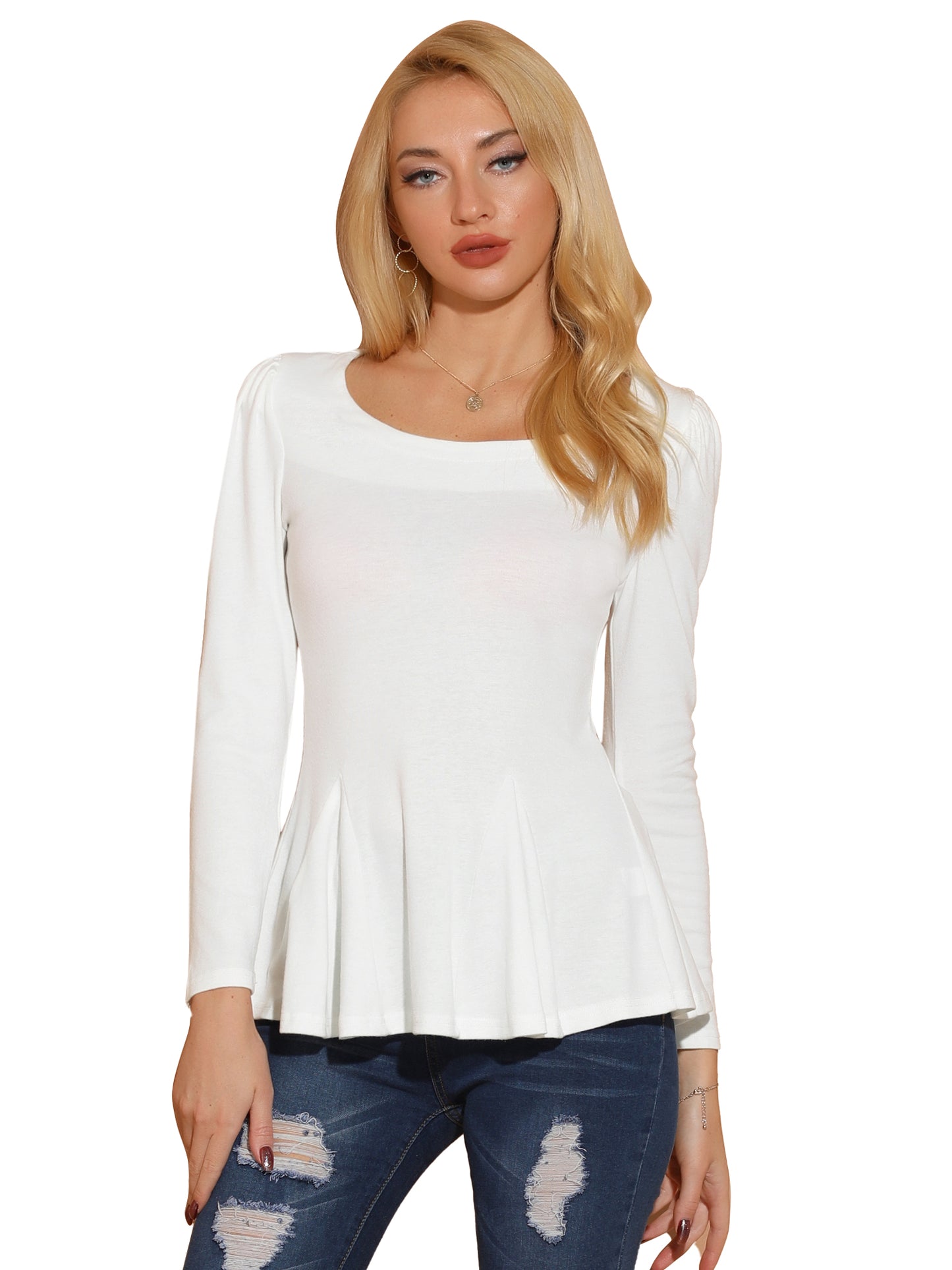 Women's Ruffled Hem Long Sleeve Scoop Neck Casual Peplum Shirt