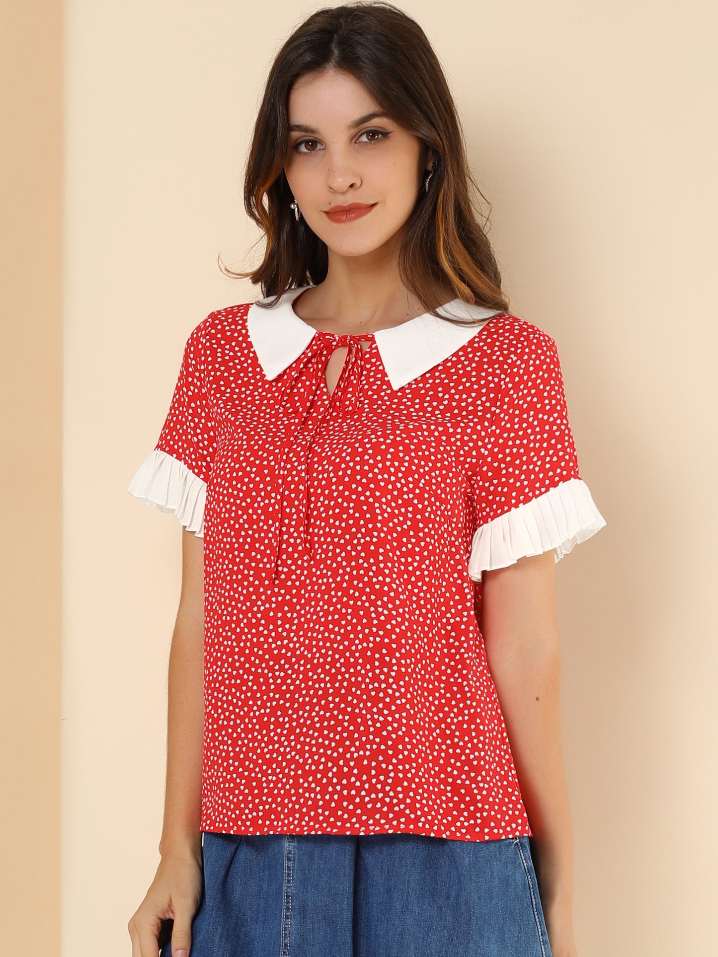 Women's Contrast Doll Collar Polka Dots Short Sleeves Blouse Shirt Top