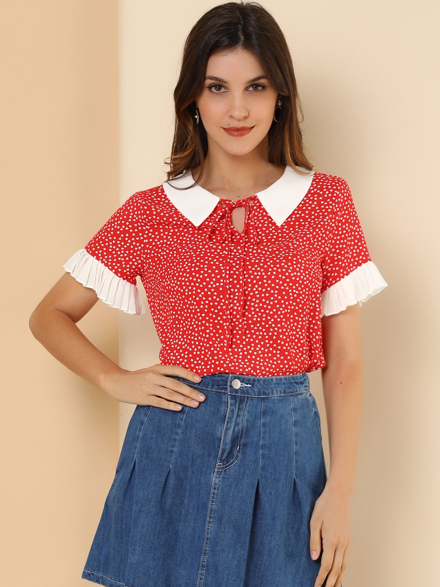 Women's Contrast Doll Collar Polka Dots Short Sleeves Blouse Shirt Top