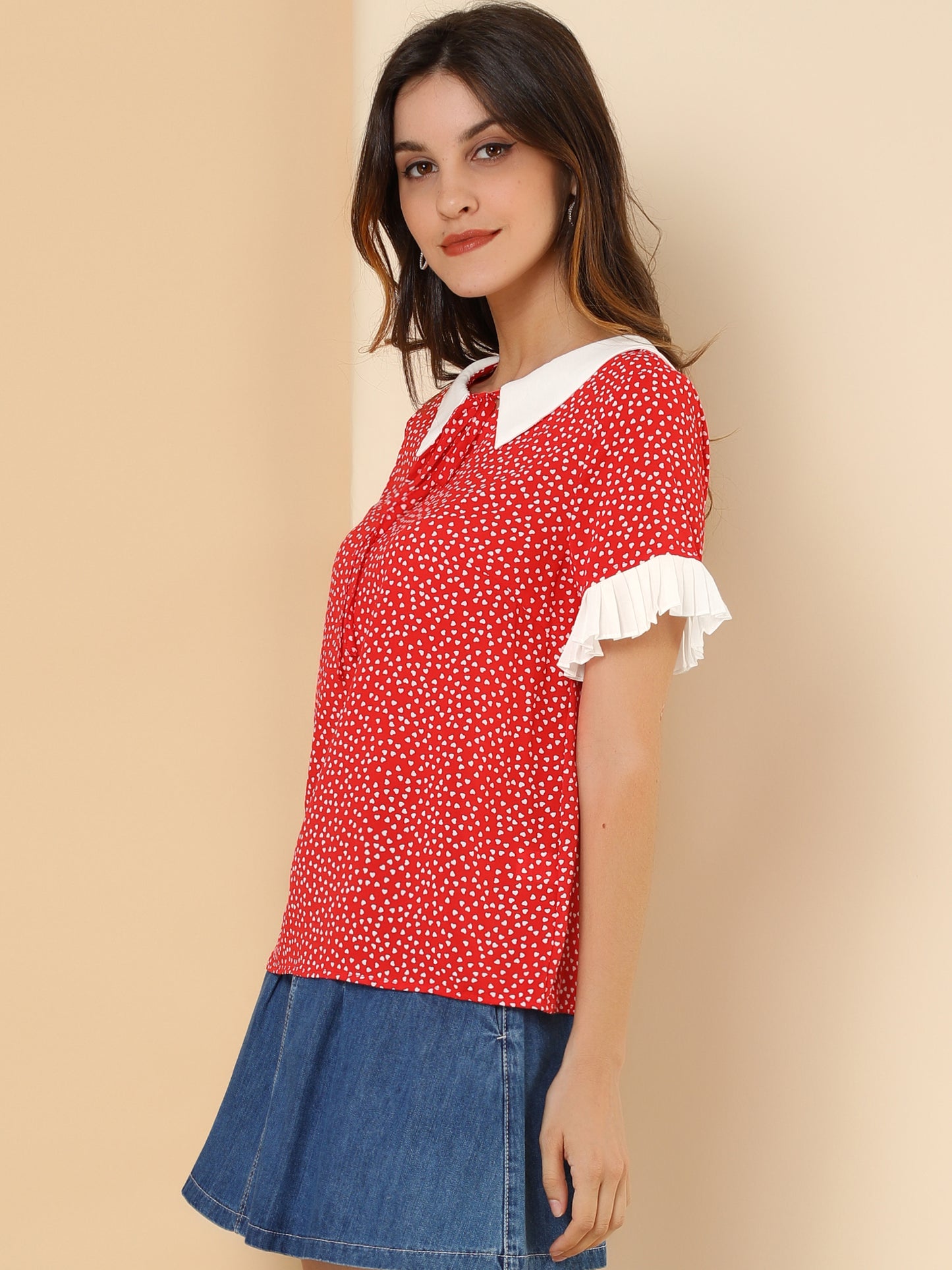 Women's Contrast Doll Collar Polka Dots Short Sleeves Blouse Shirt Top