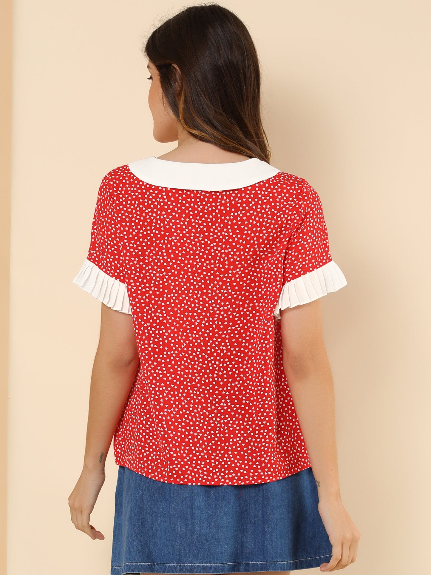 Women's Contrast Doll Collar Polka Dots Short Sleeves Blouse Shirt Top