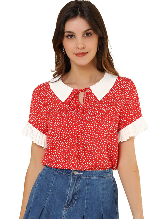 Women's Contrast Doll Collar Polka Dots Short Sleeves Blouse Shirt Top