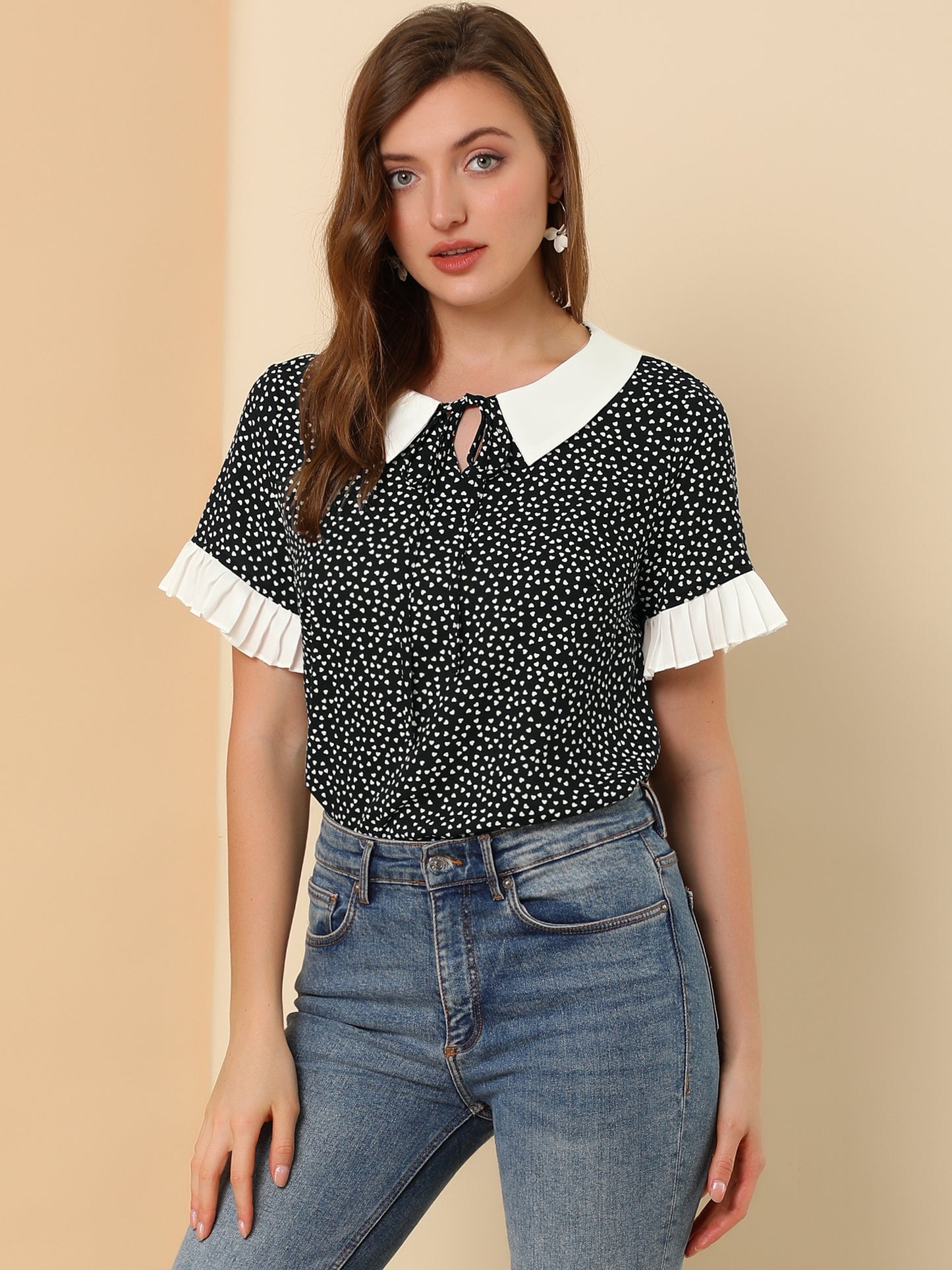 Women's Contrast Doll Collar Polka Dots Short Sleeves Blouse Shirt Top