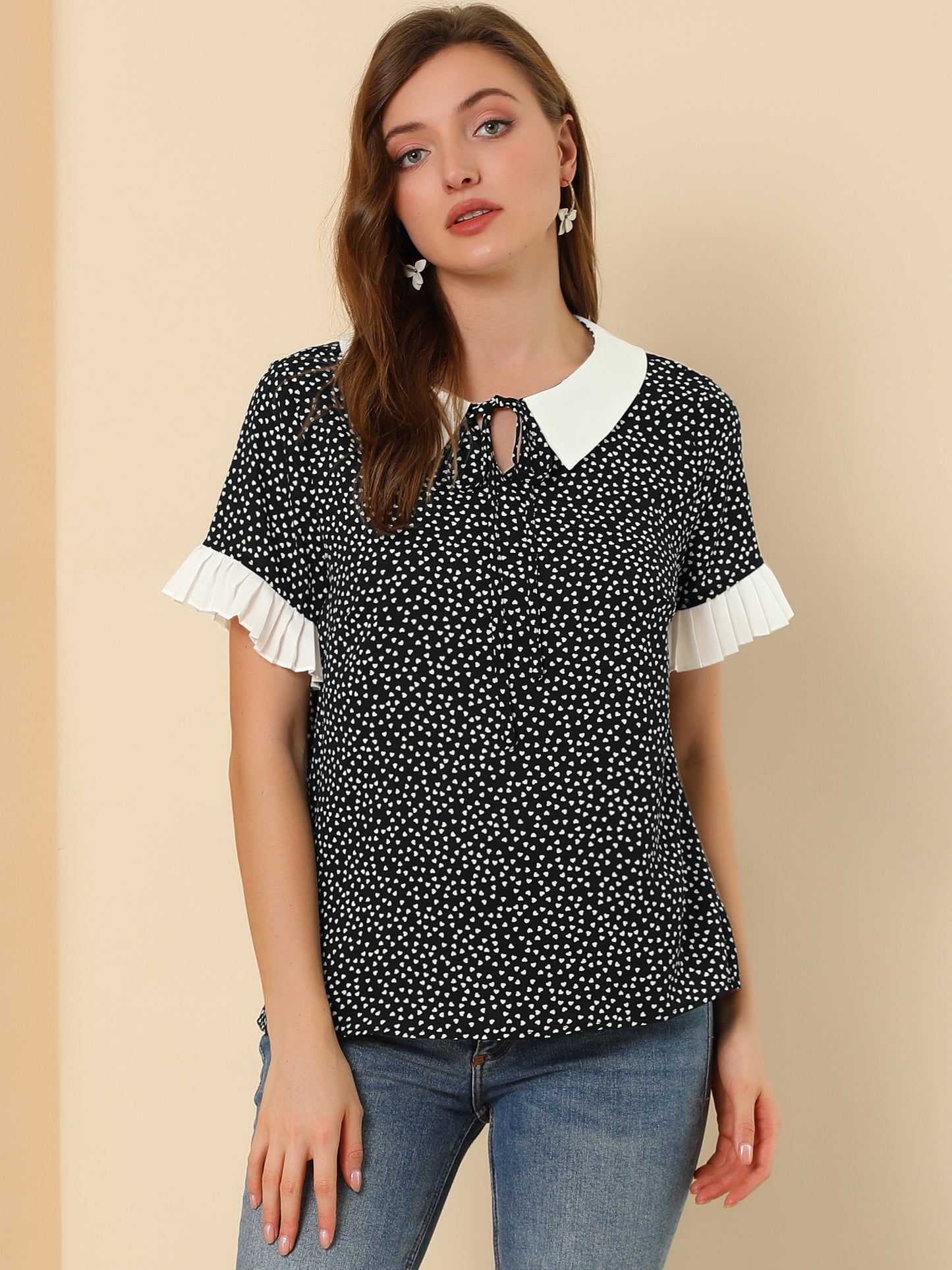Women's Contrast Doll Collar Polka Dots Short Sleeves Blouse Shirt Top