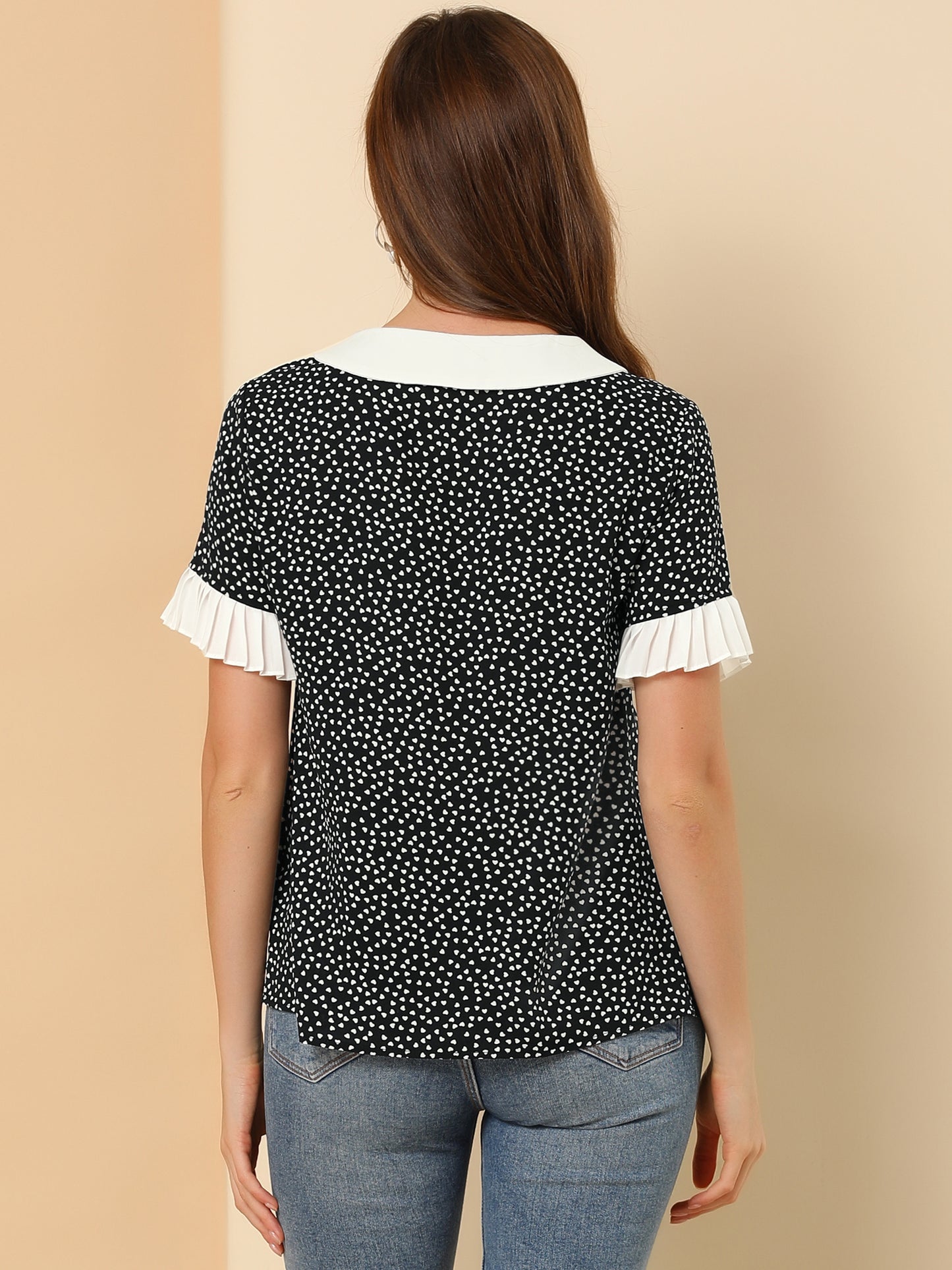 Women's Contrast Doll Collar Polka Dots Short Sleeves Blouse Shirt Top