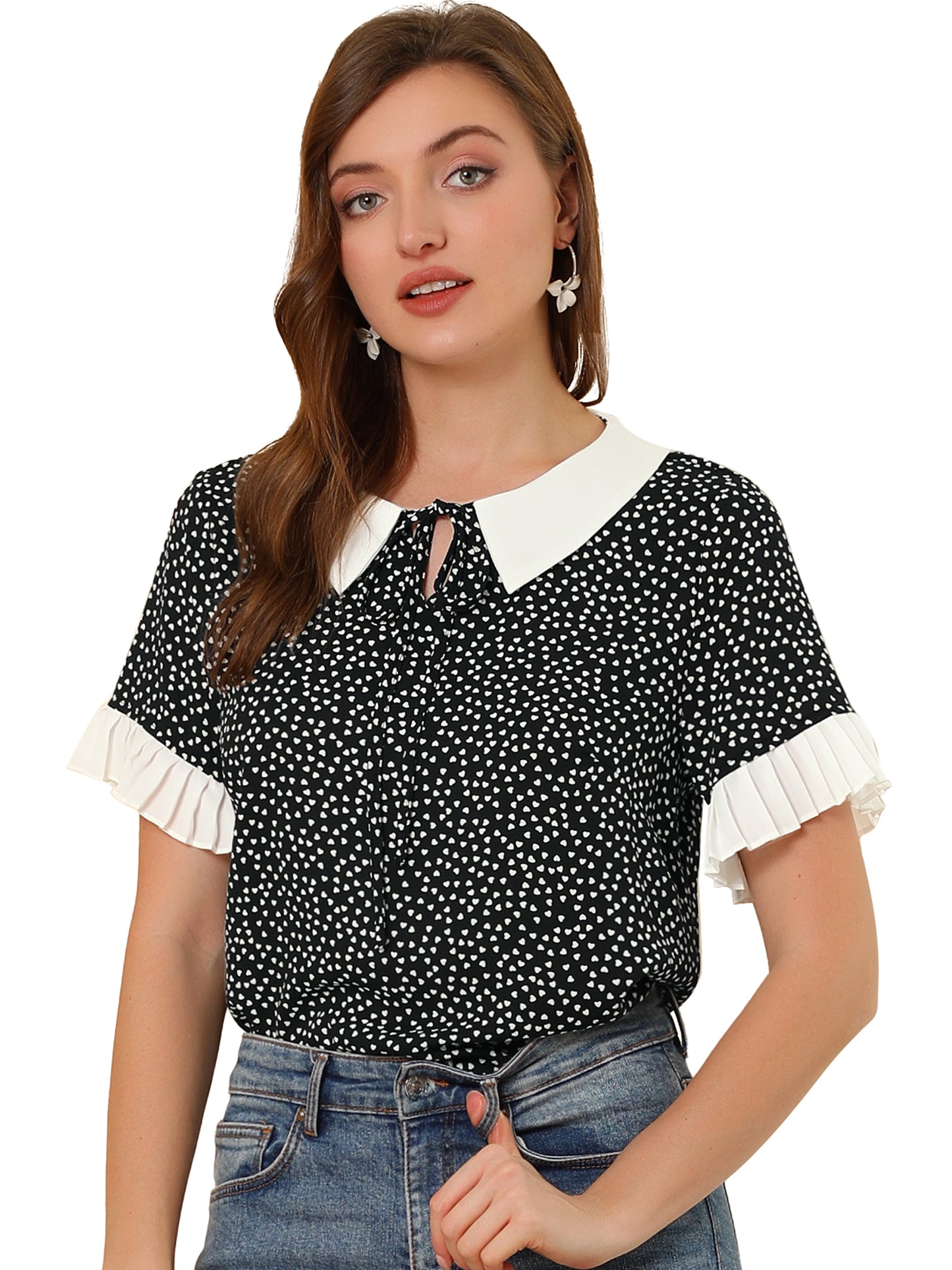 Women's Contrast Doll Collar Polka Dots Short Sleeves Blouse Shirt Top
