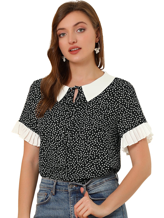 Women's Contrast Doll Collar Polka Dots Short Sleeves Blouse Shirt Top