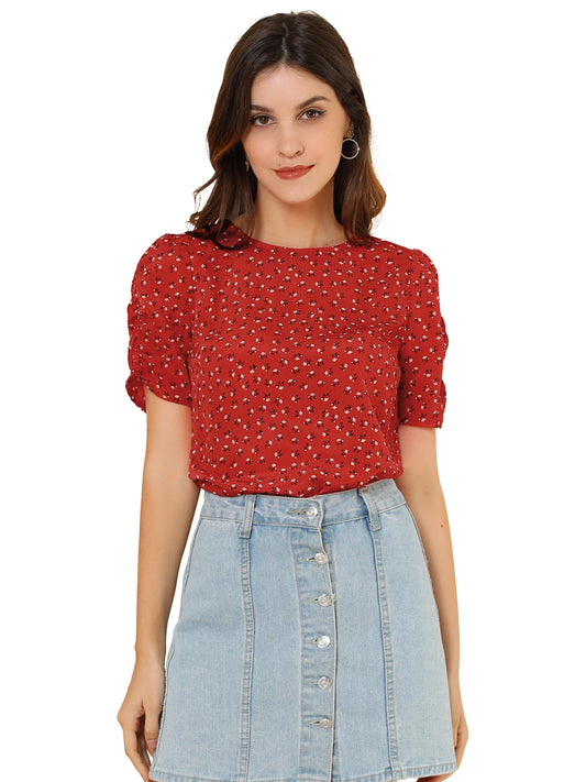 Women's Floral Crew Neck Summer Shirred Short Sleeve Blouse