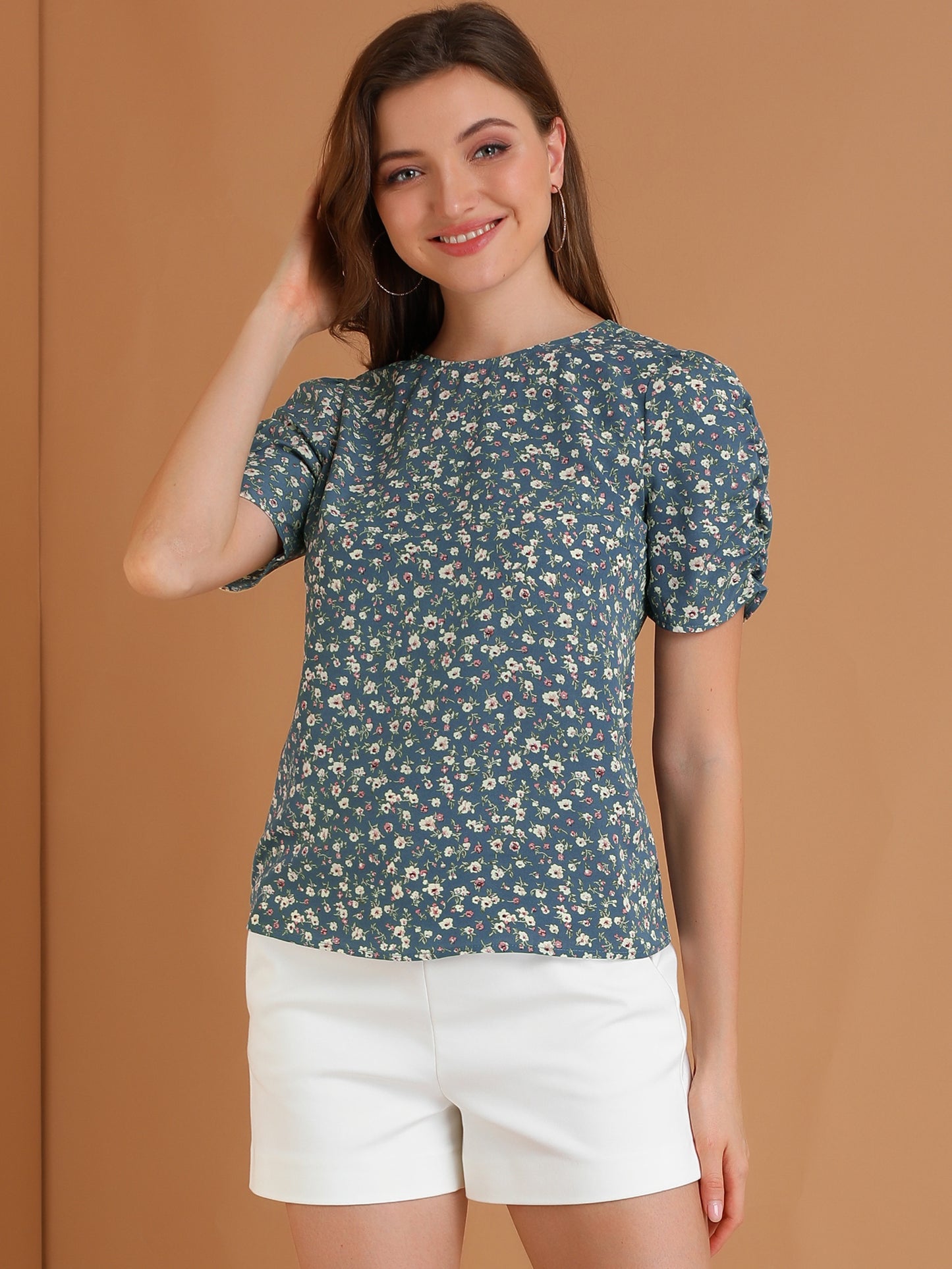 Women's Floral Crew Neck Summer Shirred Short Sleeve Blouse