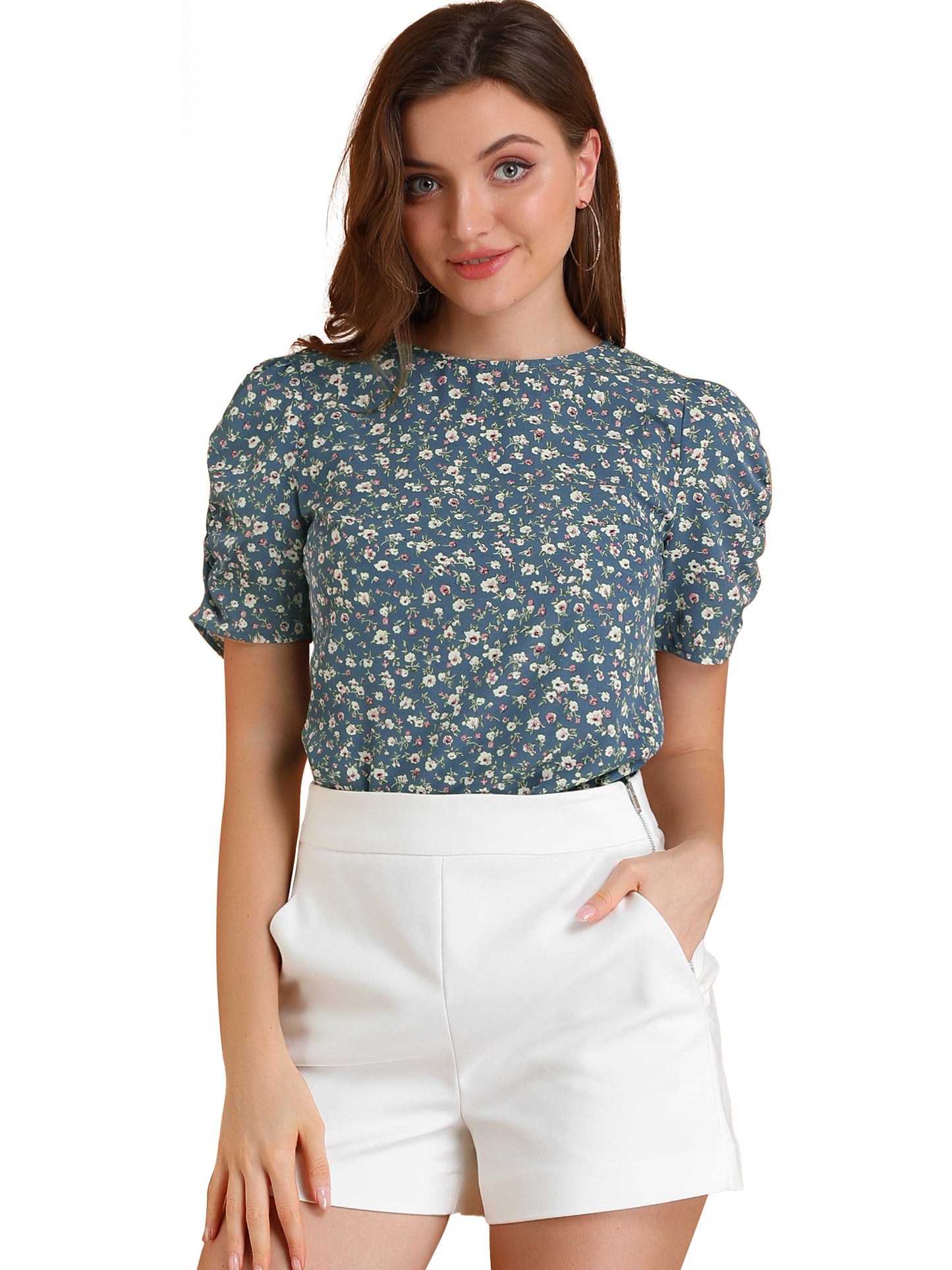 Women's Floral Crew Neck Summer Shirred Short Sleeve Blouse Top (Available in Plus Size)