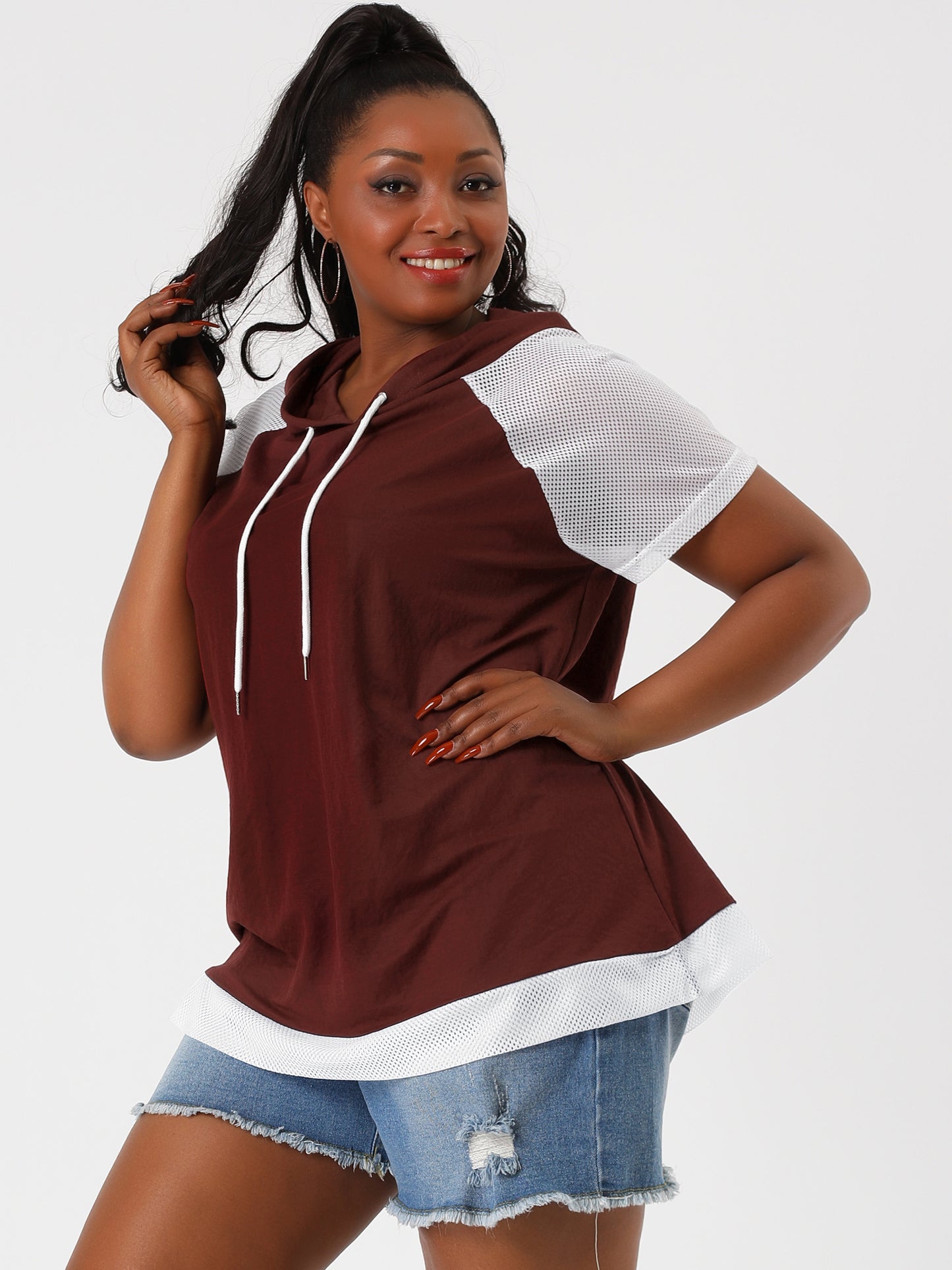 Women's Plus Size Hoodie Raglan Short Sleeves Sport Drawstring Hoodies Loose Casual Summer Top