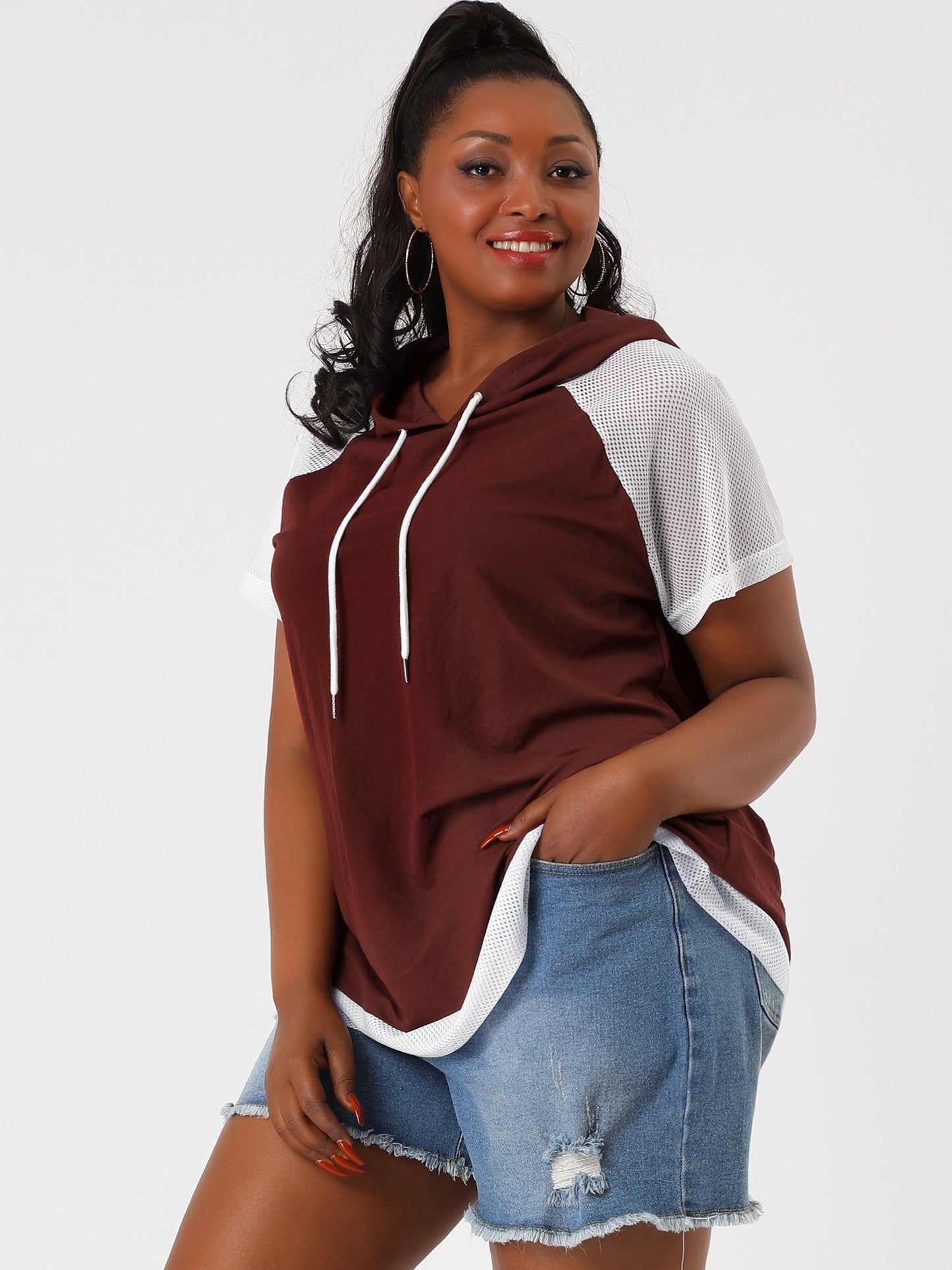 Women's Plus Size Hoodie Raglan Short Sleeves Sport Drawstring Hoodies Loose Casual Summer Top