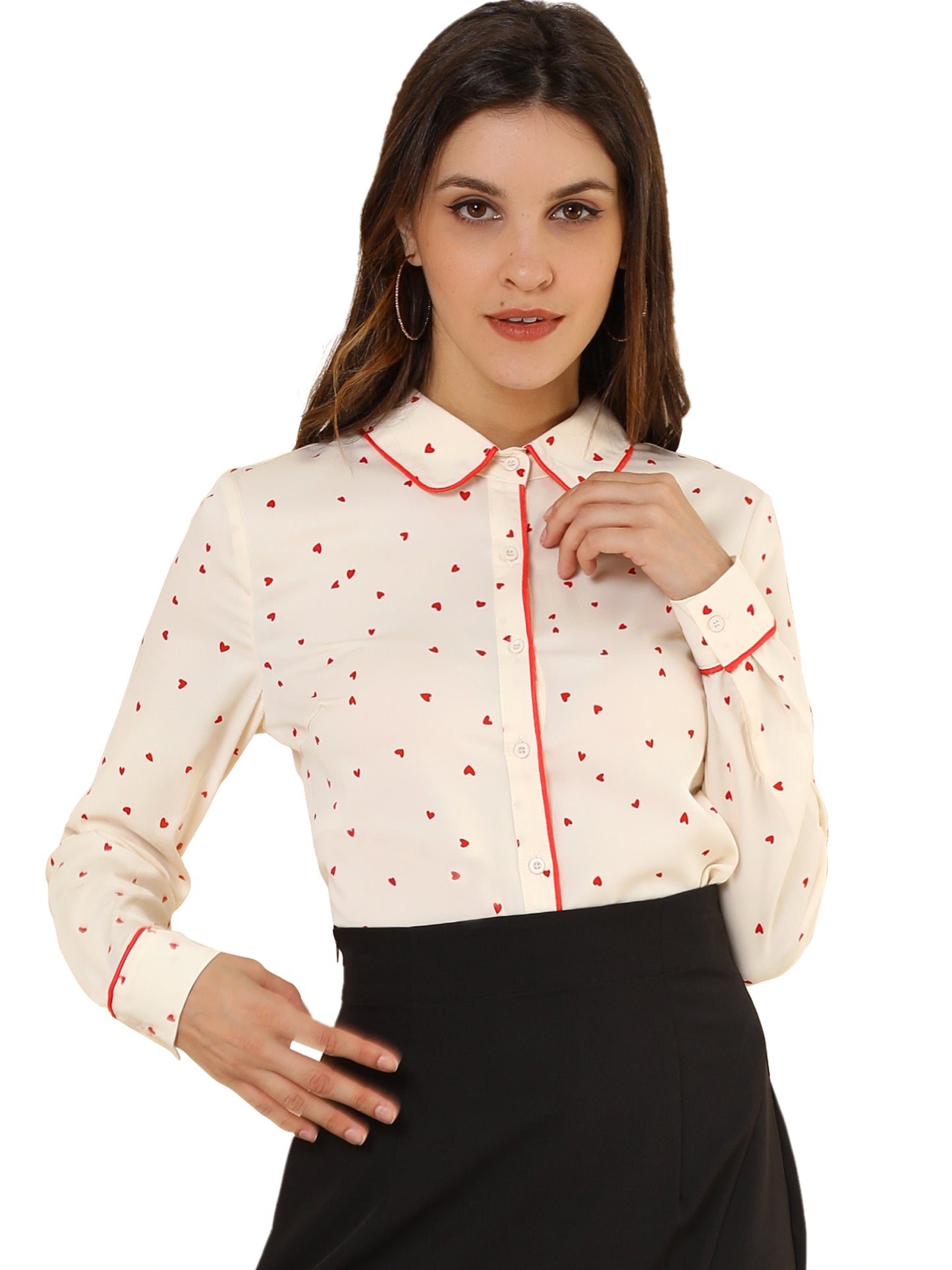 Women's Printed Long Sleeve Piped Button Down Office Shirt
