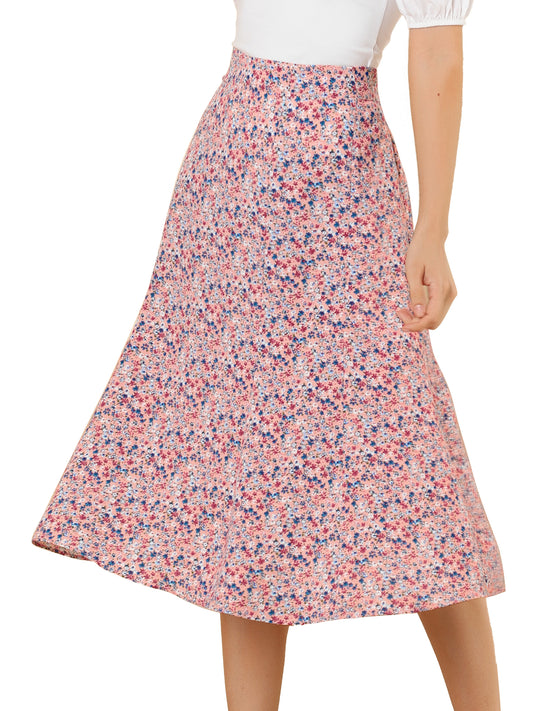 Women's Floral Midi Skirt Peasant Elastic Waist A-Line Ditsy Printed Skirts