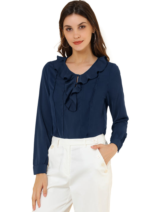 Women's Ruffle Neck Pleated Front Henley Button Up Peasant Blouse