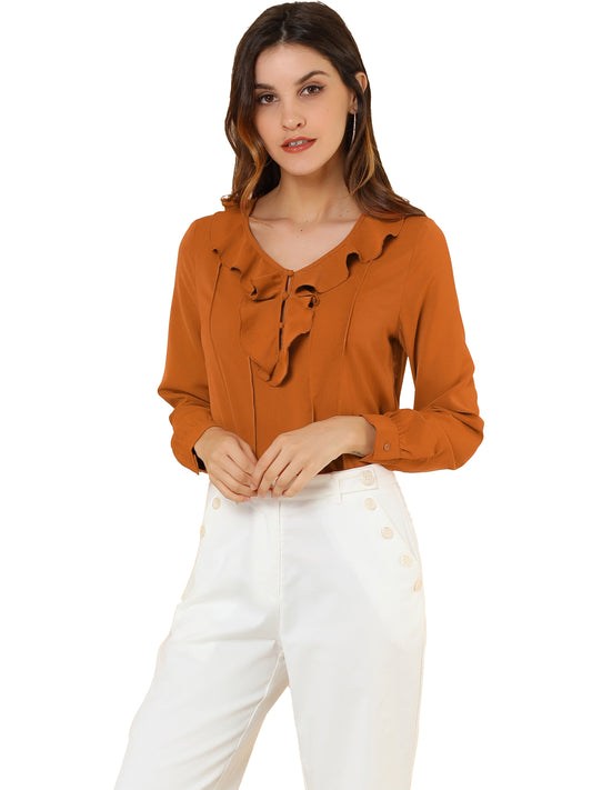 Women's Ruffle Neck Pleated Front Henley Button Up Peasant Blouse