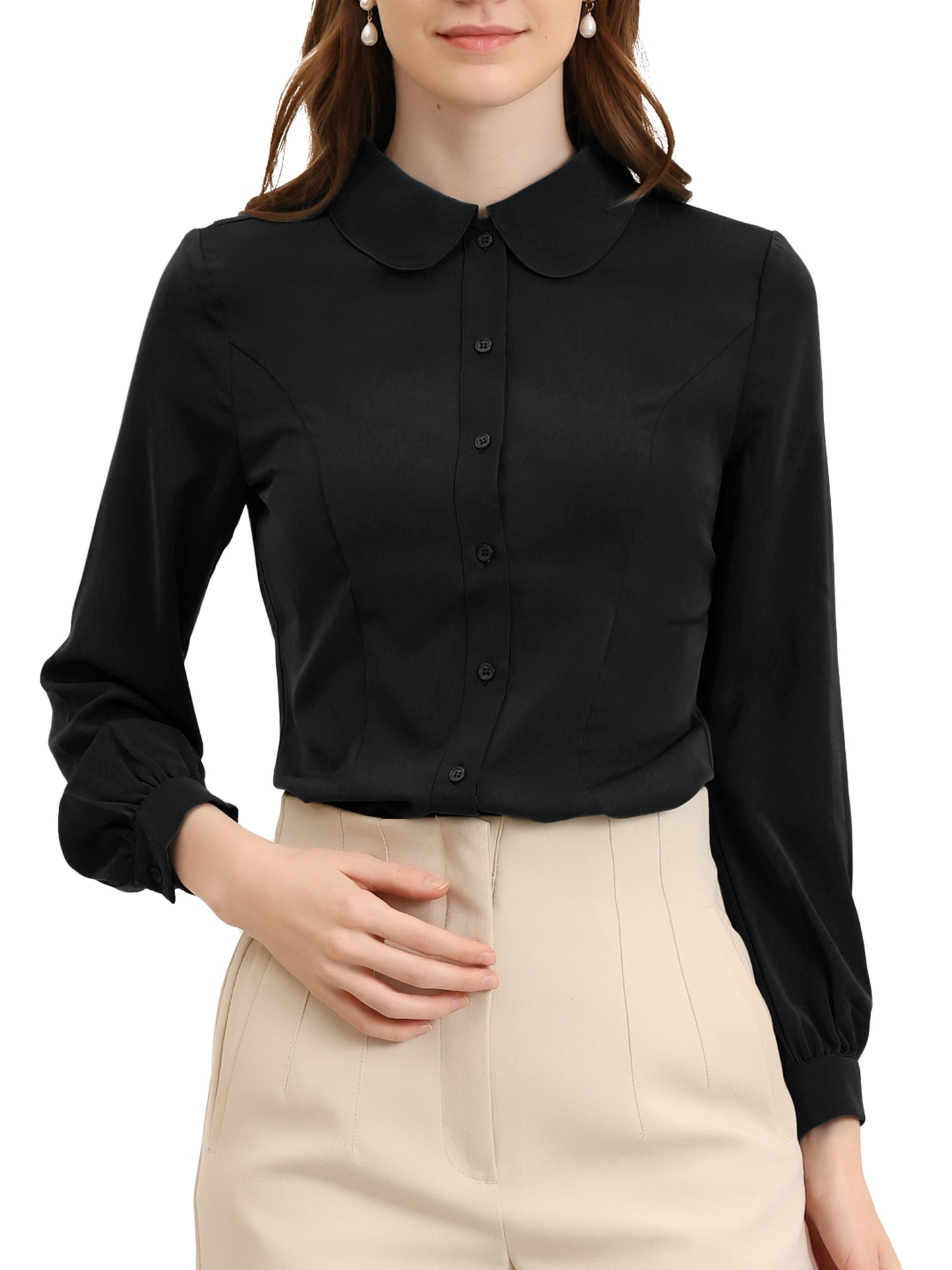 Women's Peter Pan Collar Blouse Business Casual Long Sleeve Button Down Work Shirt
