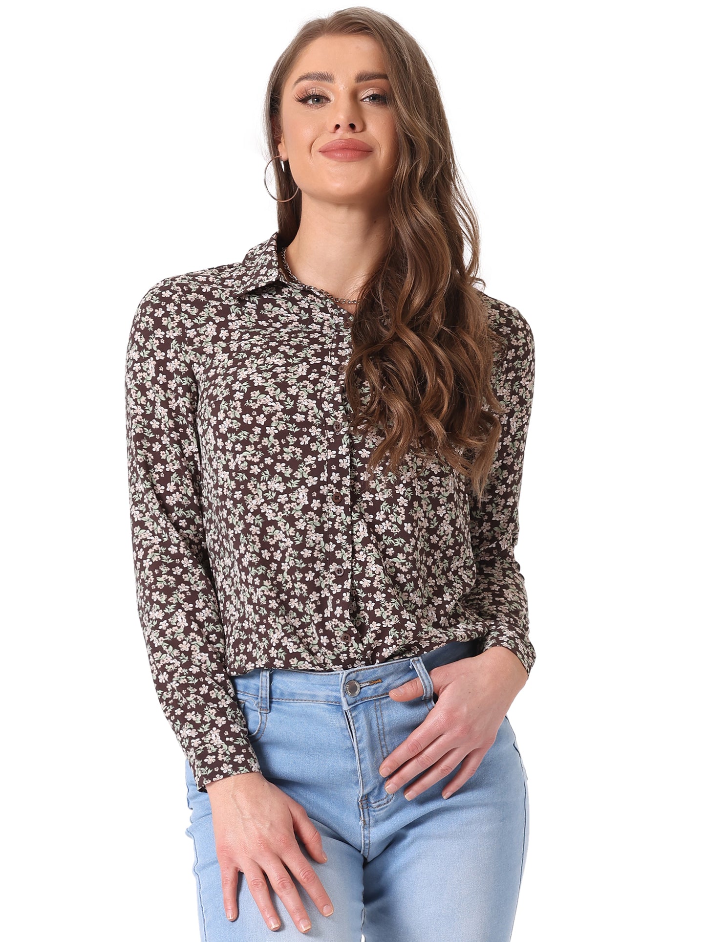 Women's Long Sleeve Button Down Ditsy Floral Shirt (Available in Plus Size)