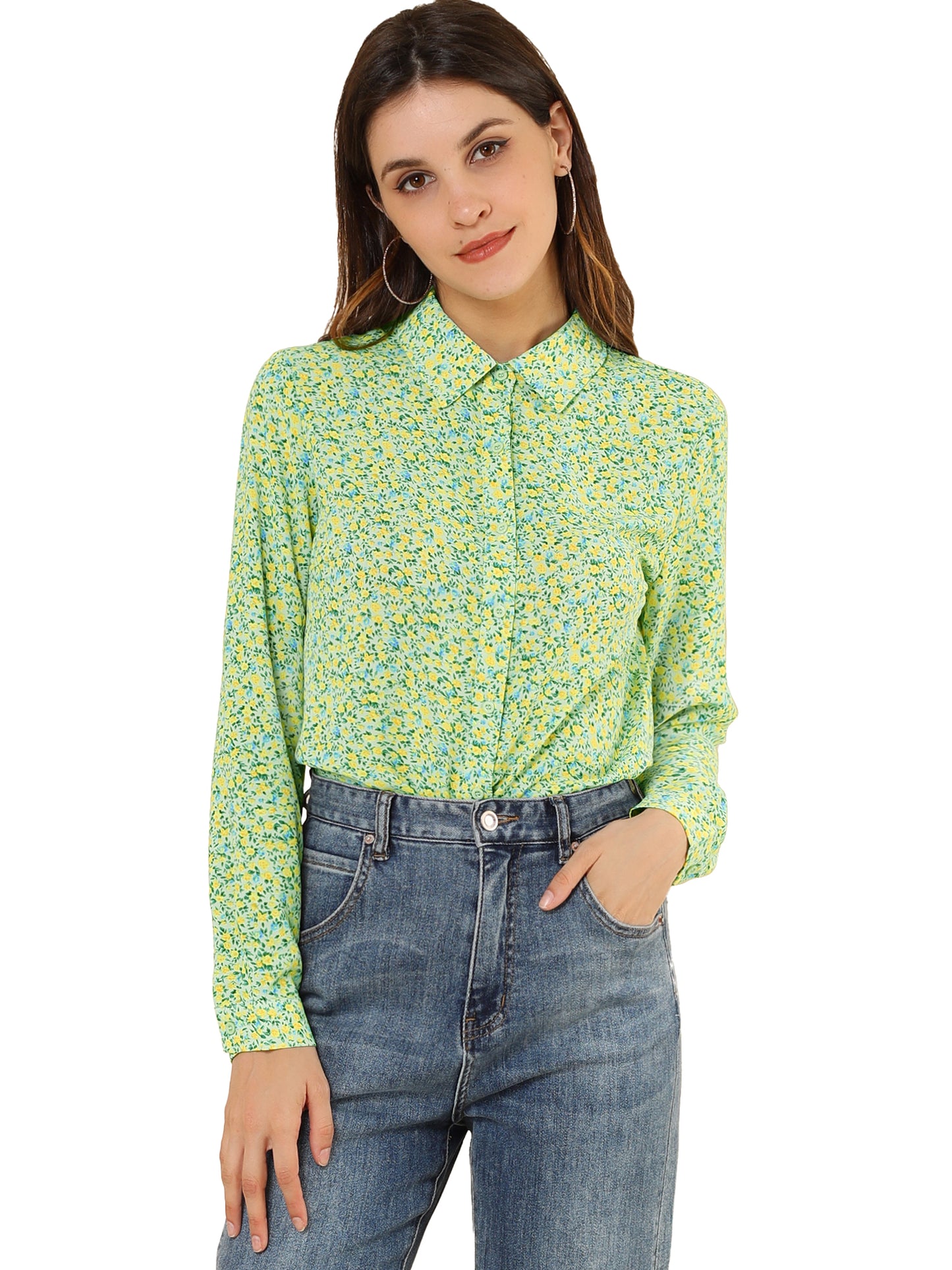 Women's Long Sleeve Button Down Ditsy Floral Shirt (Available in Plus Size)