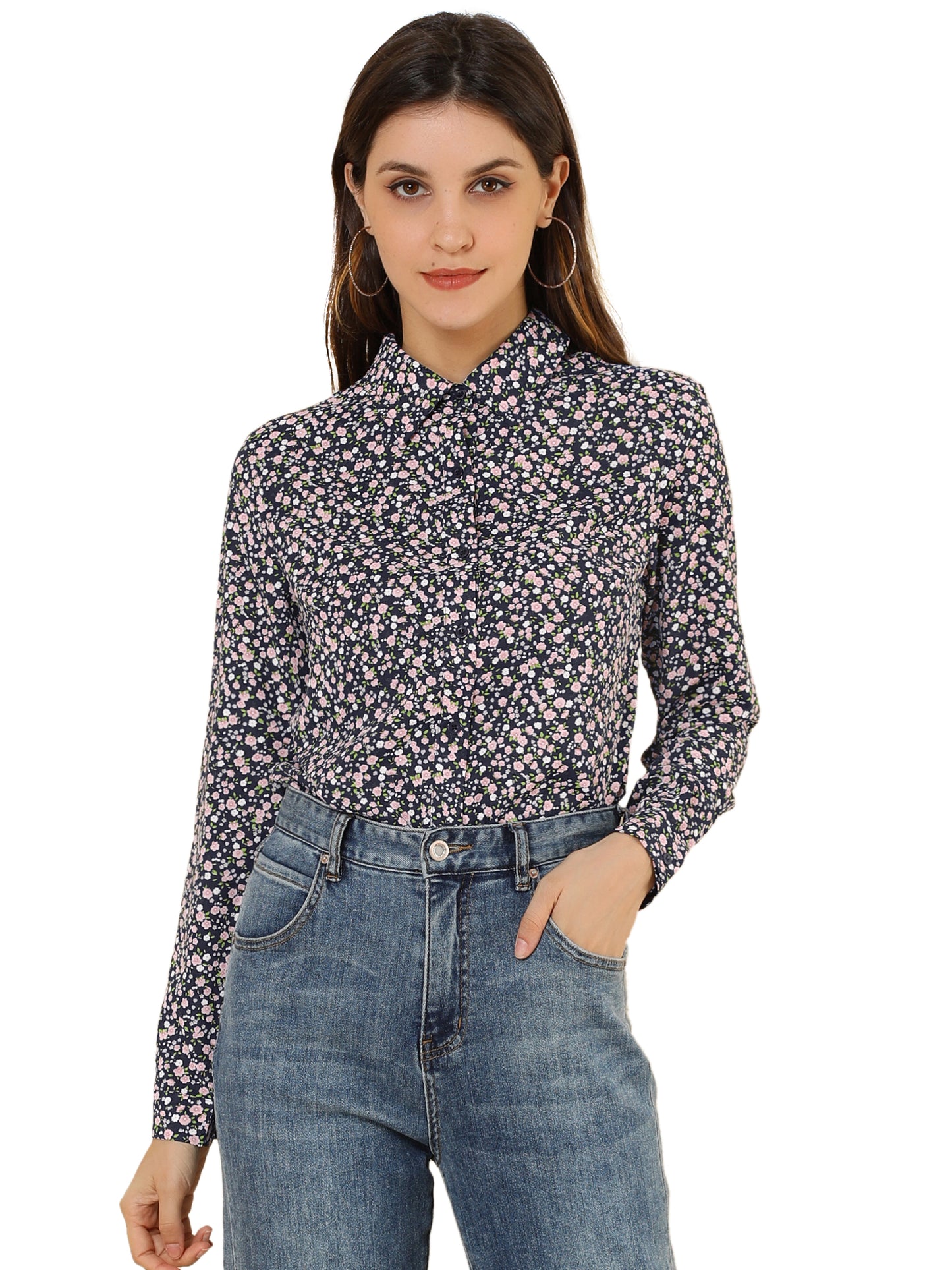 Women's Long Sleeve Button Down Ditsy Floral Shirt (Available in Plus Size)