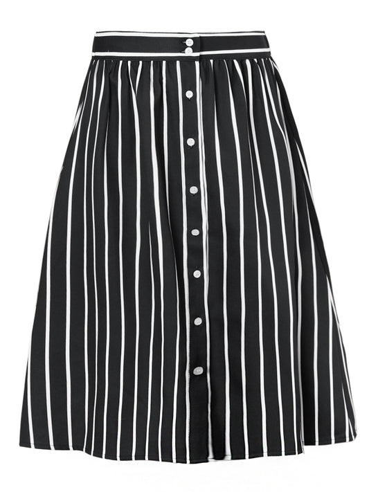 Women's Striped Button Front Elastic Back Waist A-Line Midi Skirt