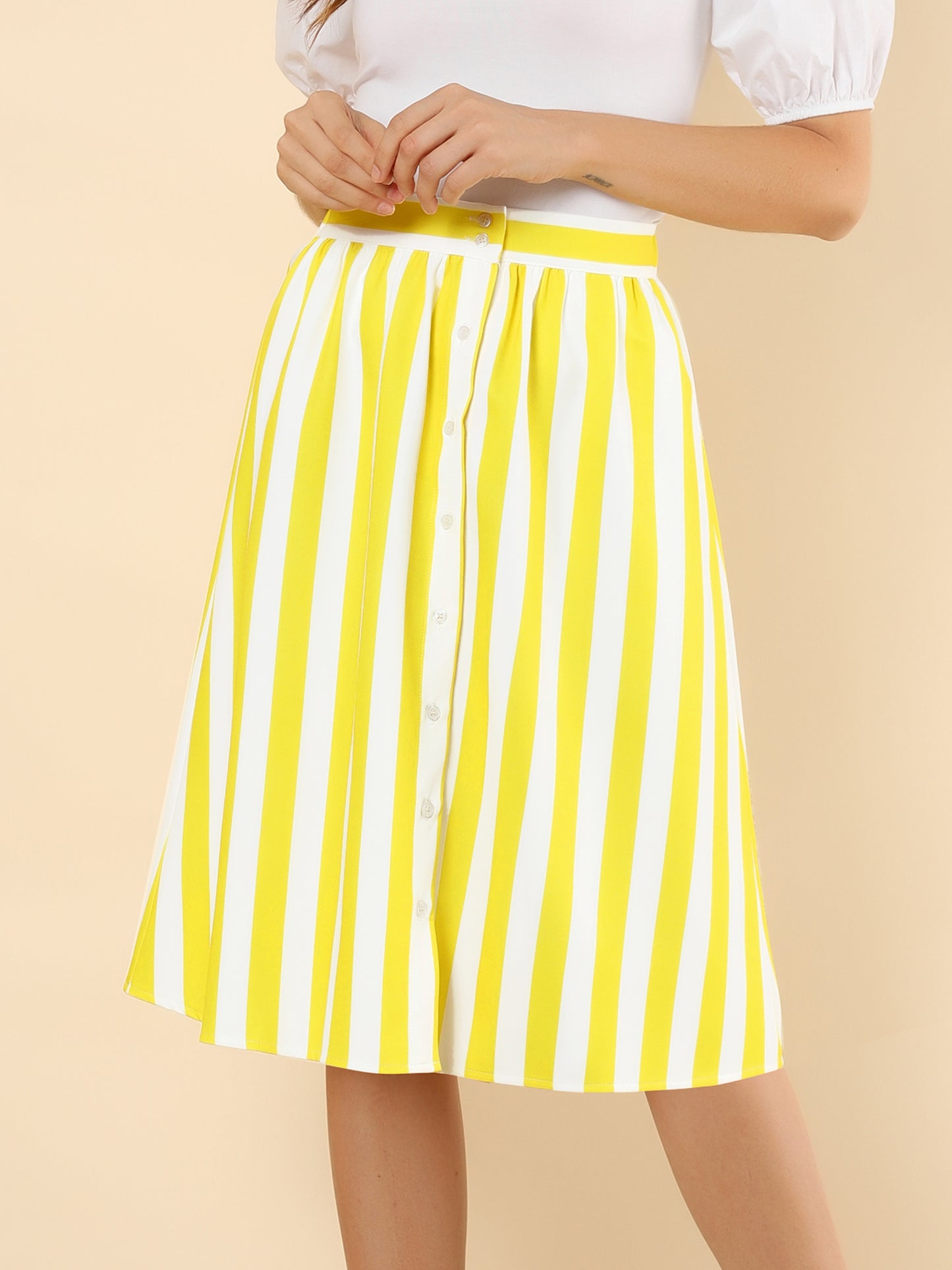 Women's Striped Button Front Elastic Back Waist A-Line Midi Skirt