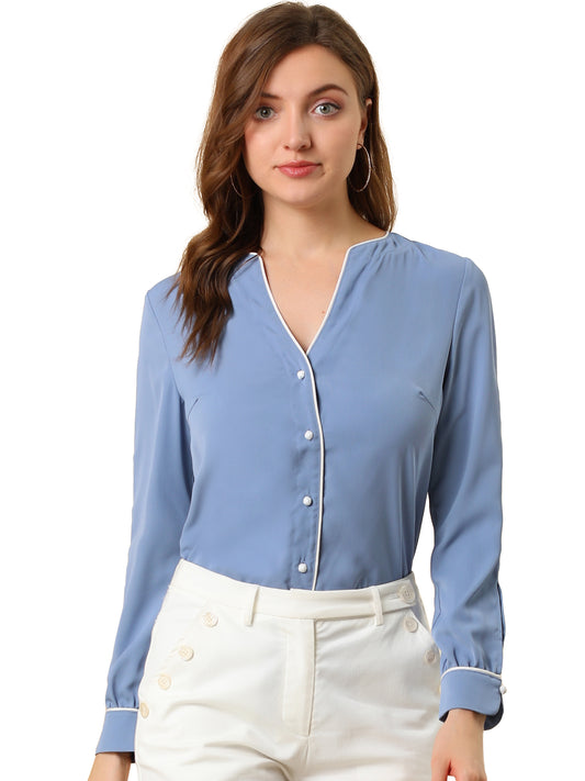 Women's V Neck Long Sleeve Business Casual Contrast Color Piped Button Up Chiffon Blouse Shirt