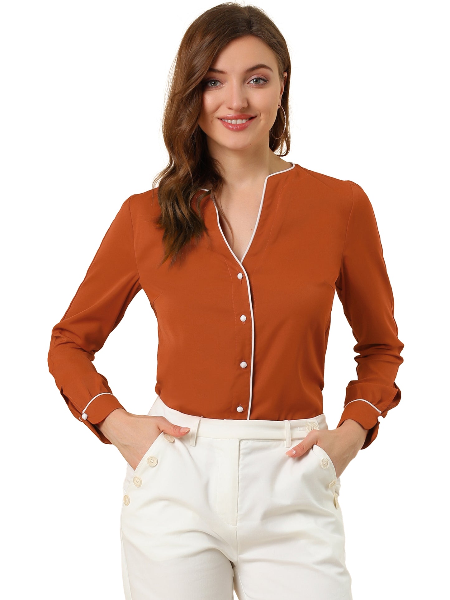 Women's V Neck Long Sleeve Business Casual Contrast Color Piped Button Up Chiffon Blouse Shirt