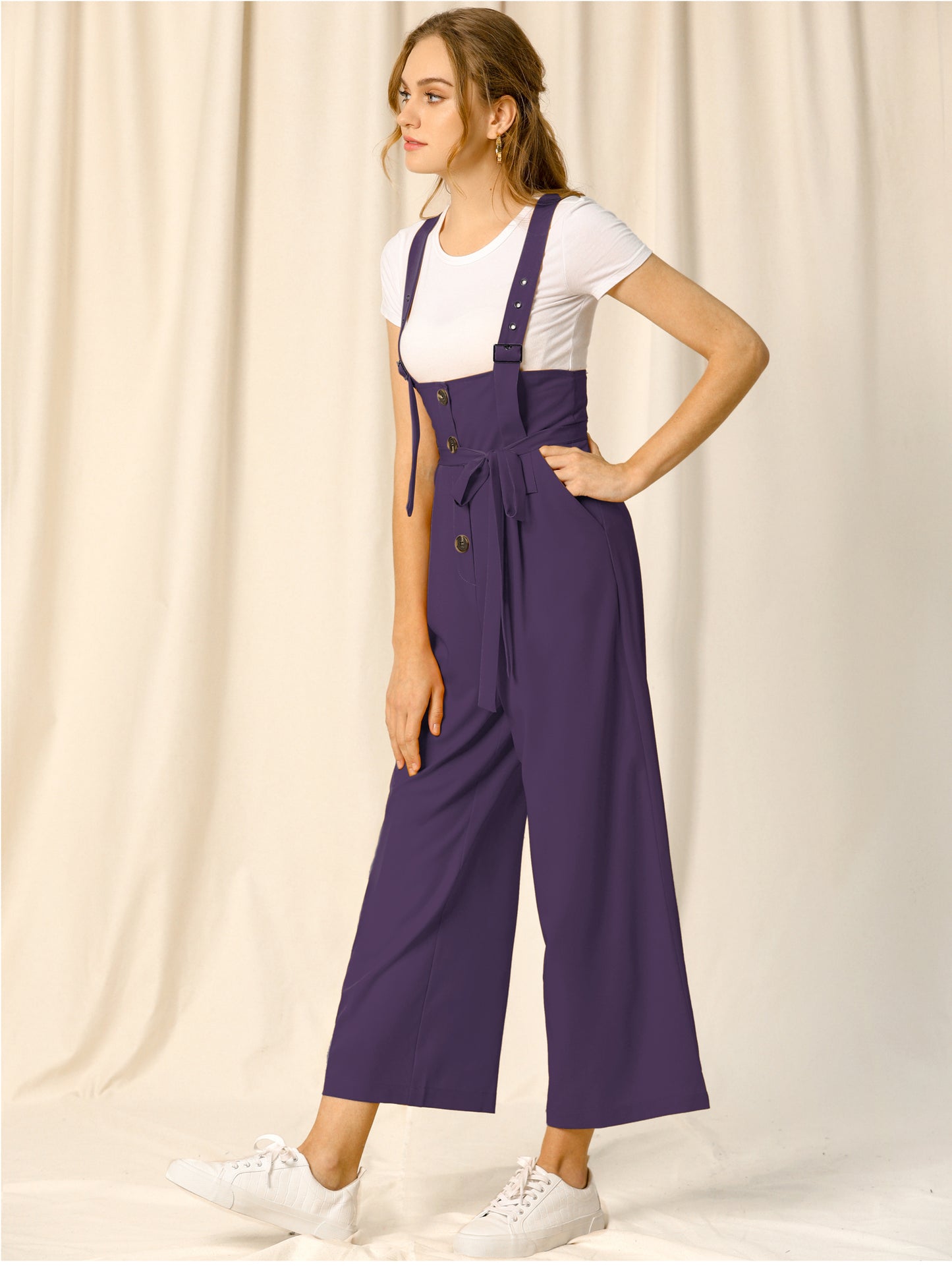 Women's Wide Leg Overalls Loose Fit Belted High Waist Suspenders Jumpsuits