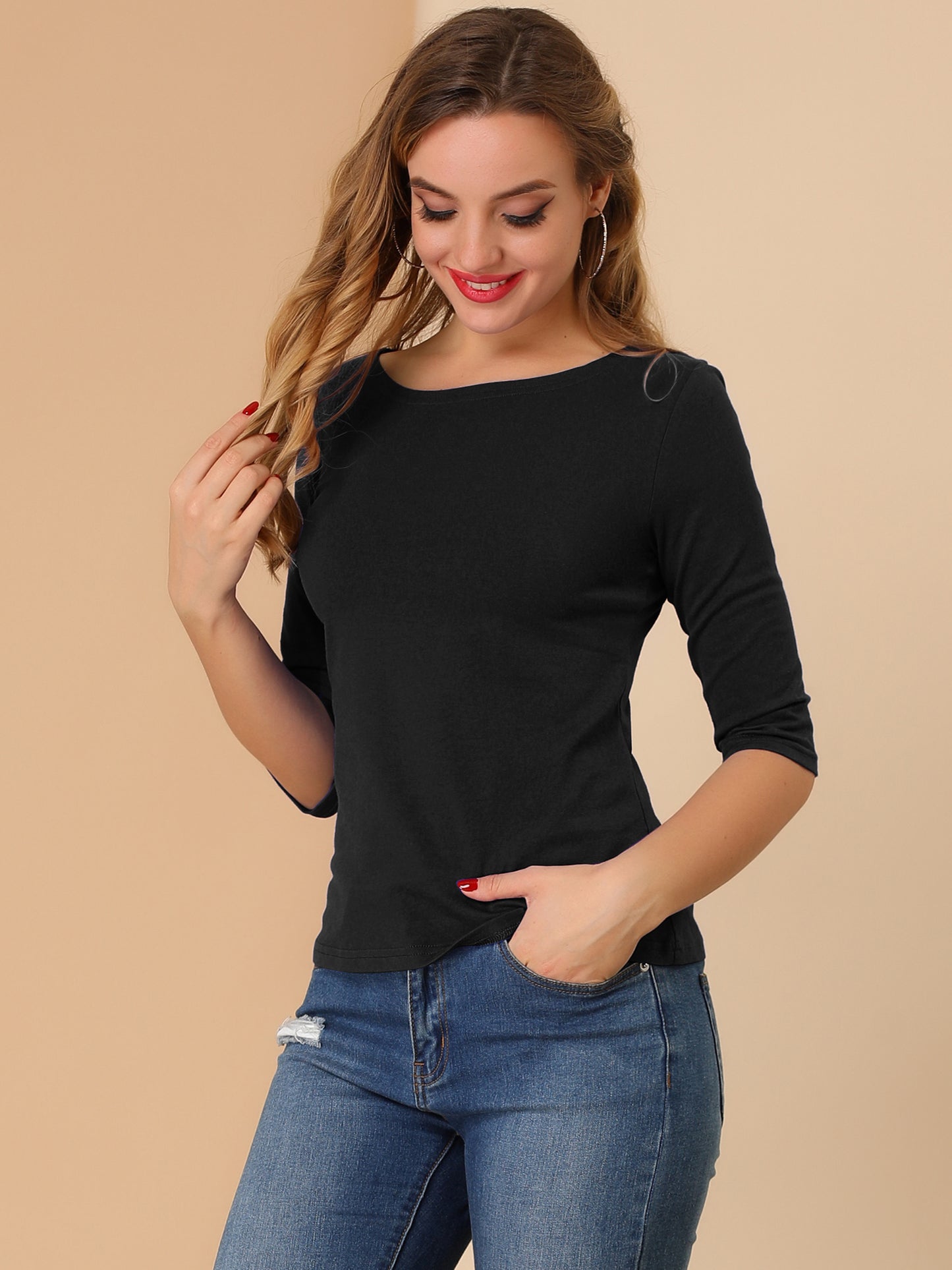 [PACK SALES] Women's 2 Pieces Elbow Sleeves Boat Neck Slim Fit Classic Tee