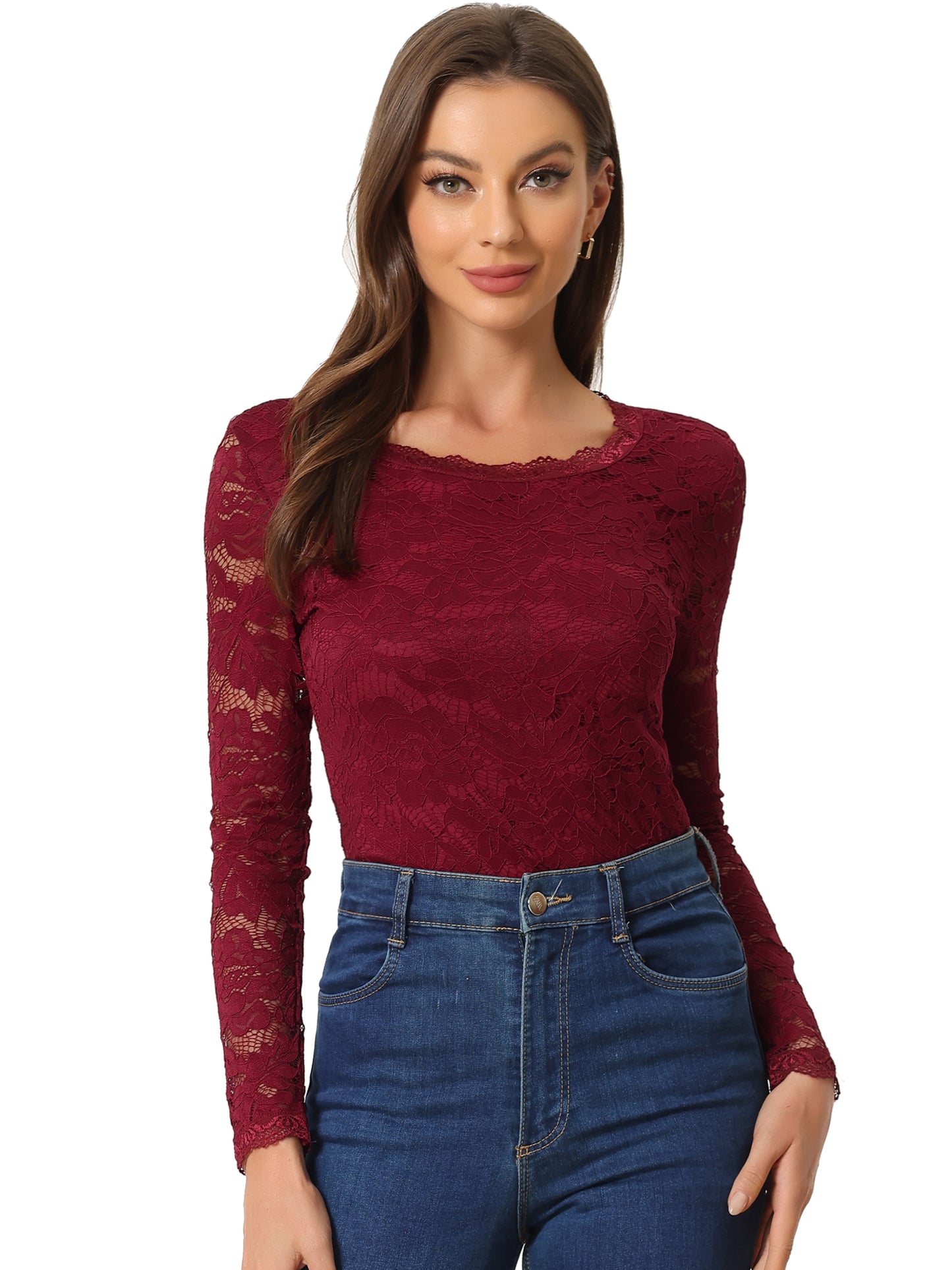 Women's Lace Sheer Dressy Casual Floral Lace Long Sleeve Top