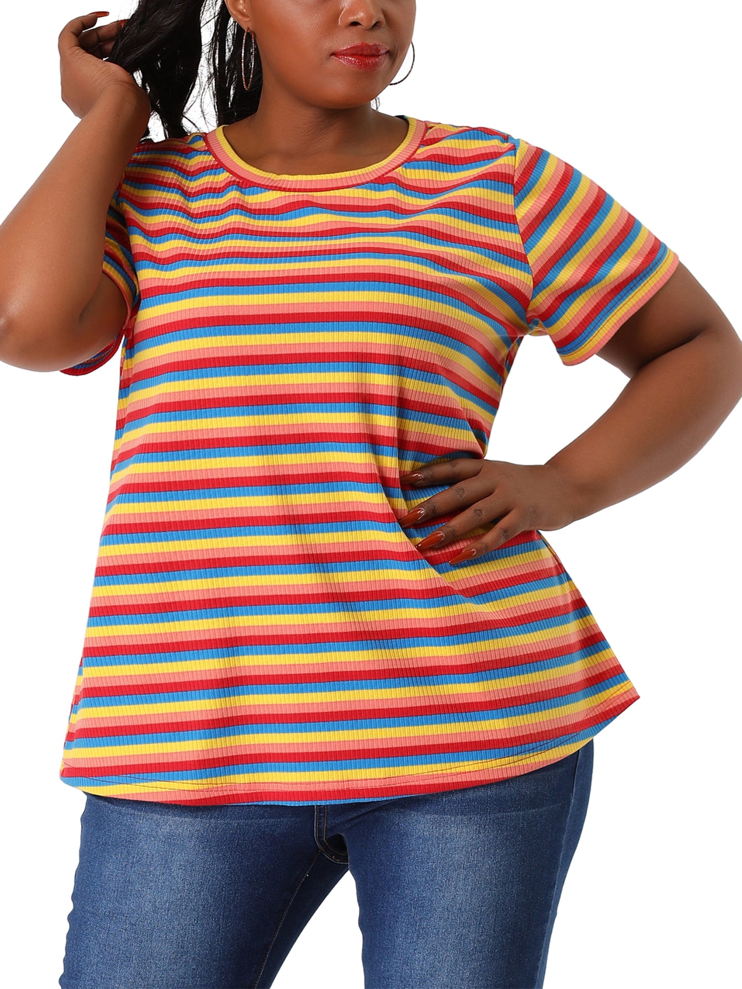 Women Plus Size Stripe T Shirt Short Sleeve Crew Neck Rainbow Striped Top