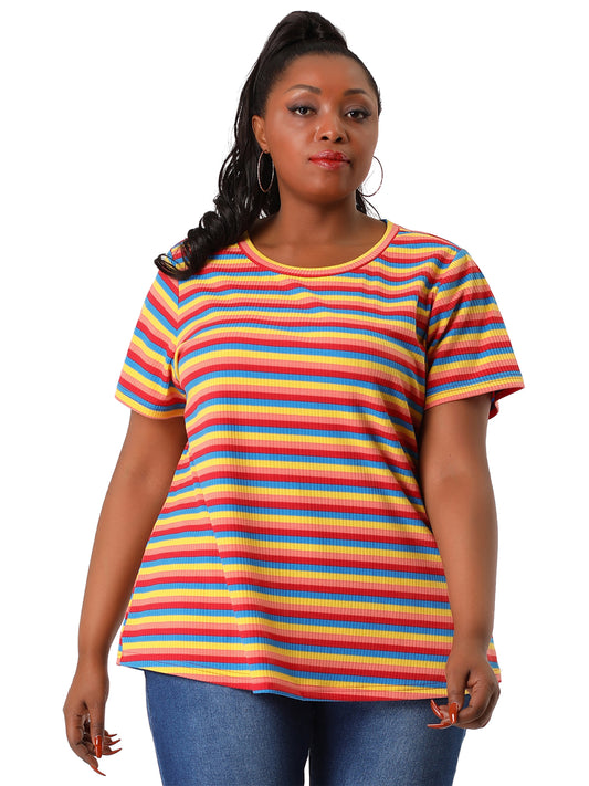 Women Plus Size Stripe T Shirt Short Sleeve Crew Neck Rainbow Striped Top