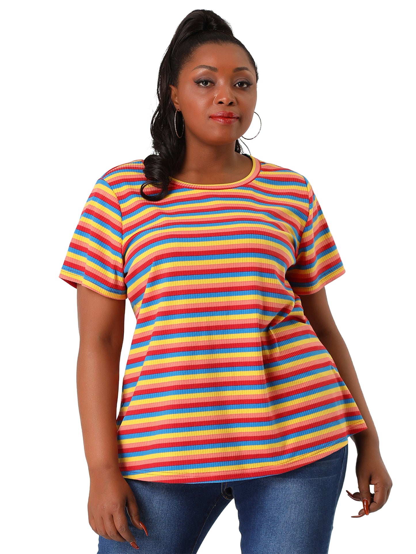 Women Plus Size Stripe T Shirt Short Sleeve Crew Neck Rainbow Striped Top