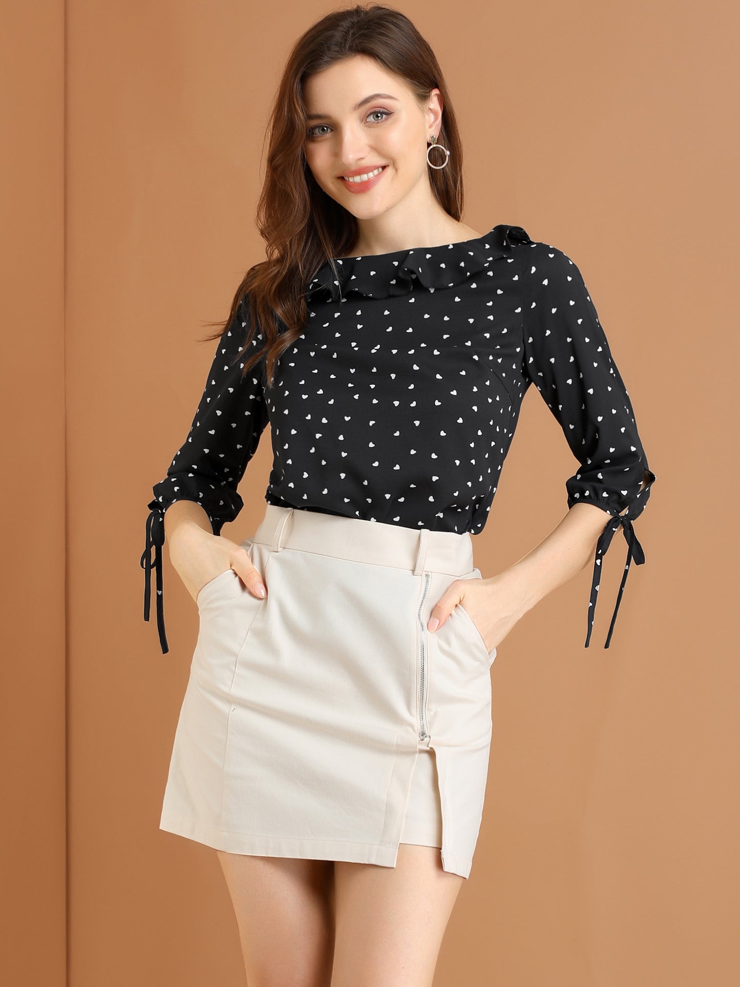 Women's Ruffled Collar Polka Dots 3/4 Sleeve Blouse