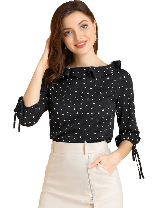 Women's Ruffled Collar Polka Dots 3/4 Sleeve Blouse