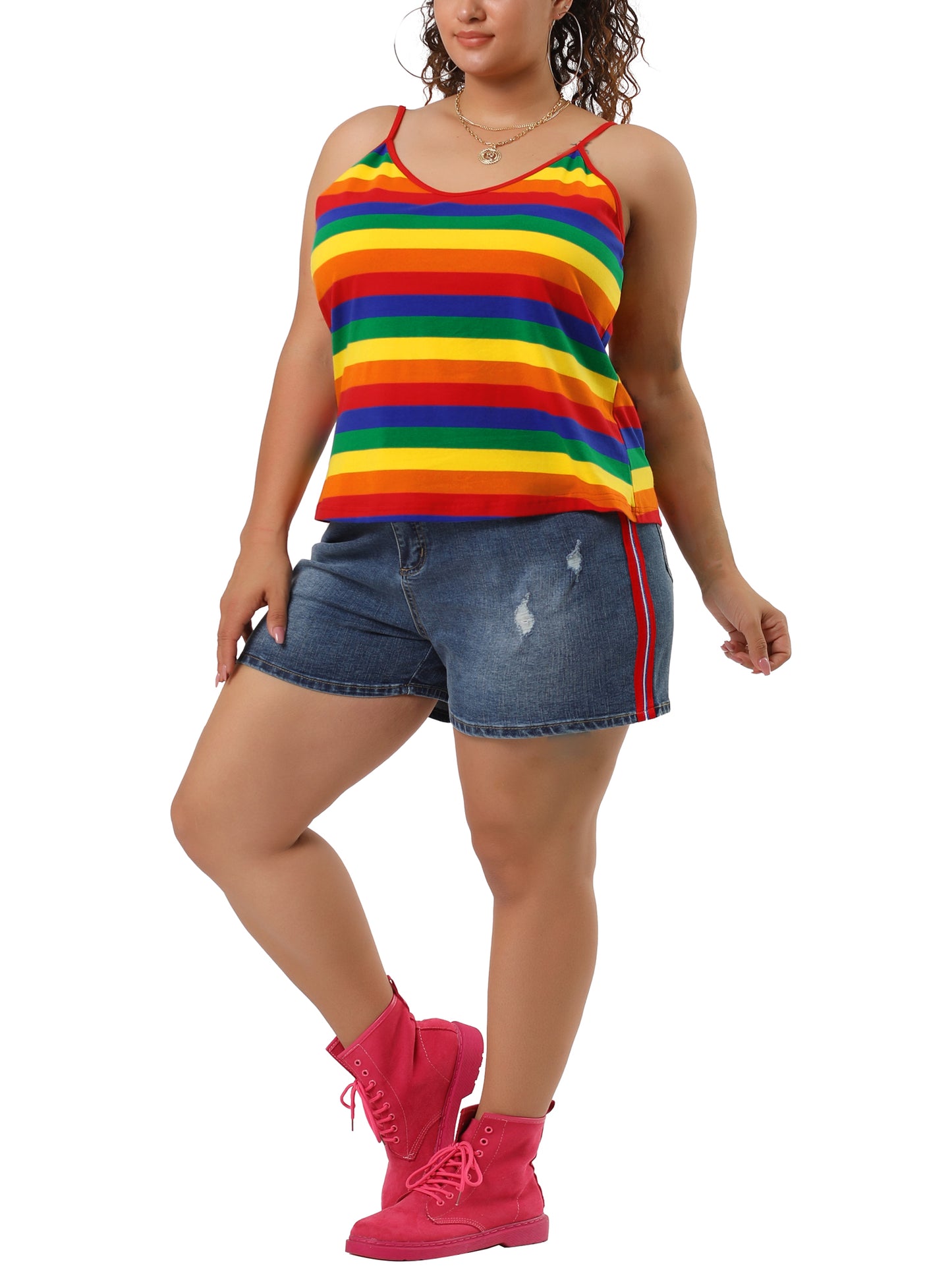 Women Plus Size Rainbow Stripe Cami Sleeveless Stretchy Camisole Summer Top