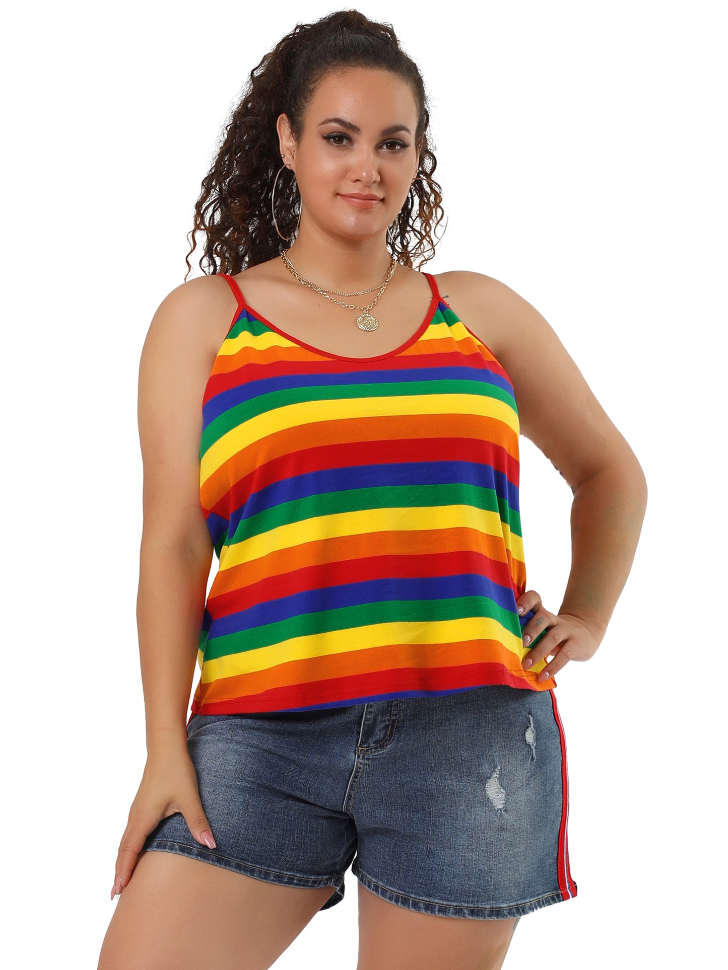 Women Plus Size Rainbow Stripe Cami Sleeveless Stretchy Camisole Summer Top