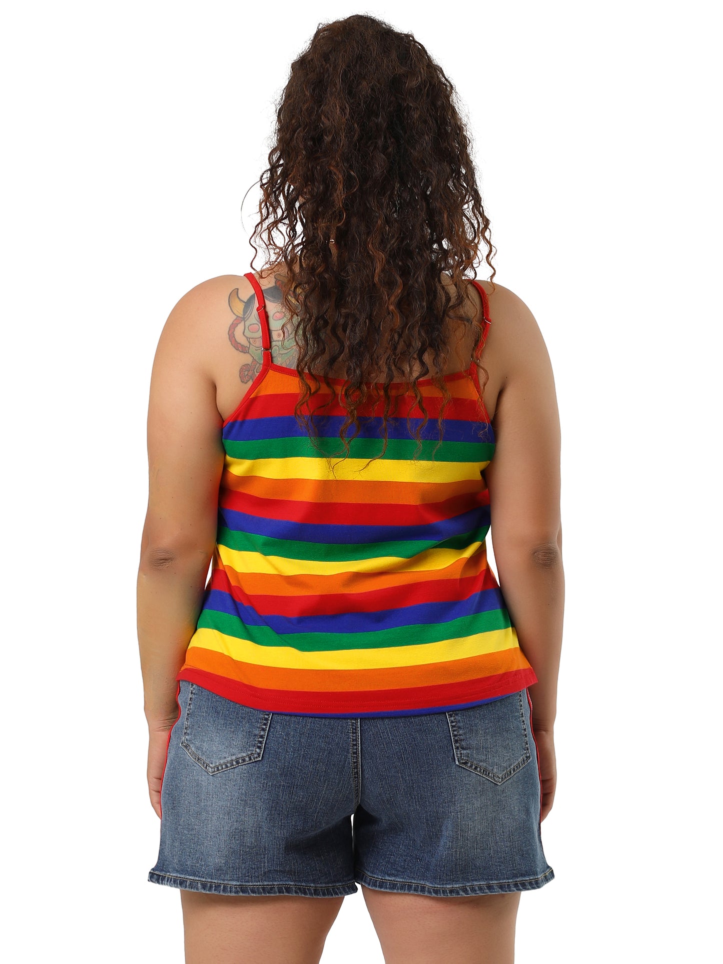 Women Plus Size Rainbow Stripe Cami Sleeveless Stretchy Camisole Summer Top