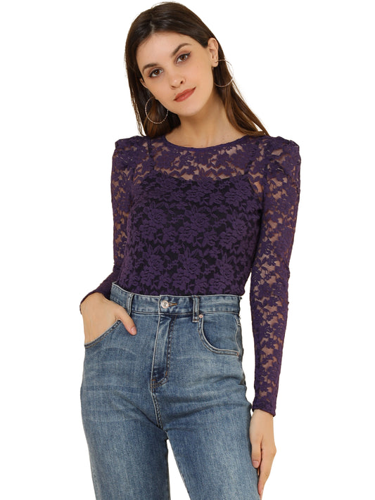 Women's Lace Embroidery Semi Sheer Vintage Puff Sleeve Top