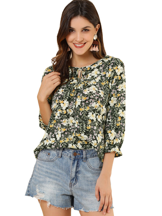 Women's Tie Neck 3/4 Sleeve Floral Blouse Bow Top
